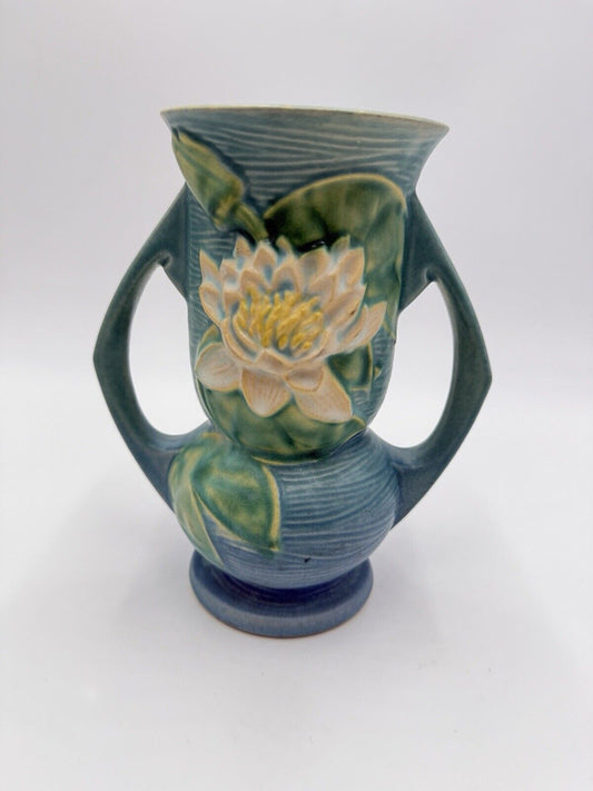 1943 Roseville Art Pottery USA 74-7 Blue Water Lilly 7” Vase Embossed Vtg (flaw)