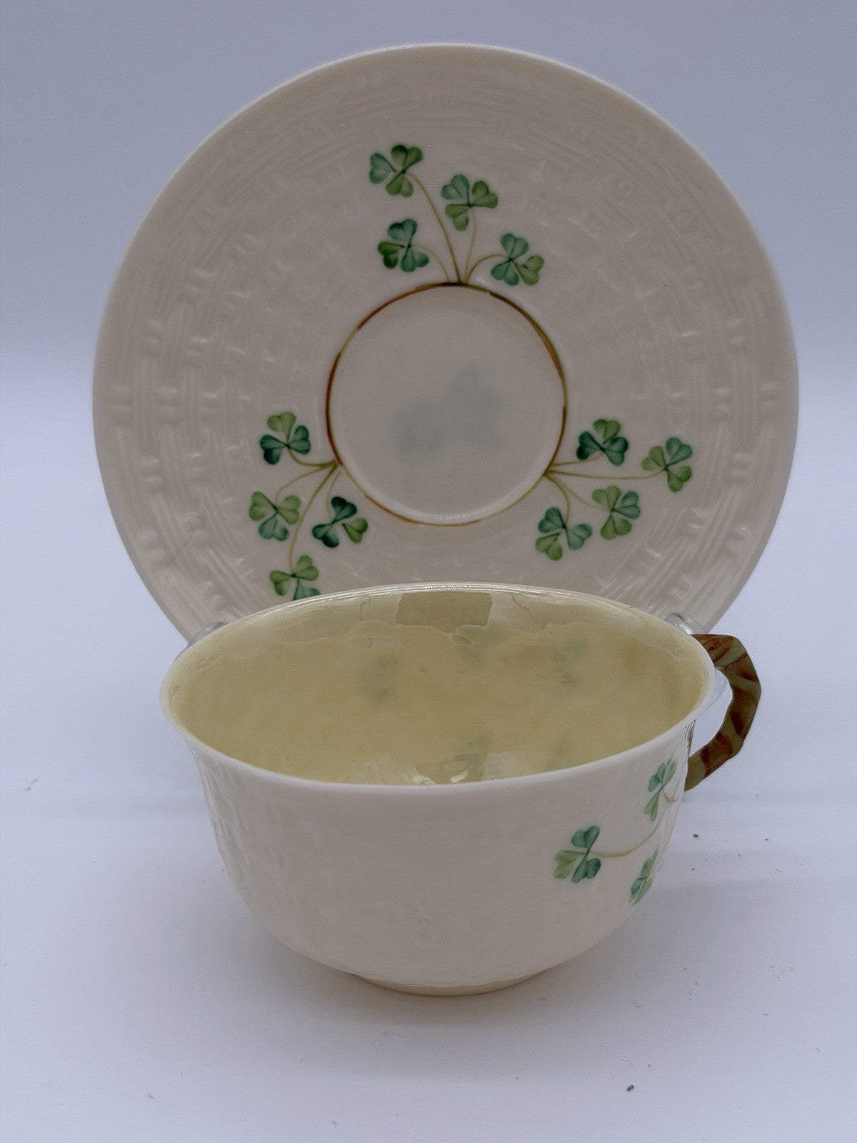 Belleek Ireland Porcelain 2ND GRN/1955 Shamrock Beige Saucer & Teacup Set