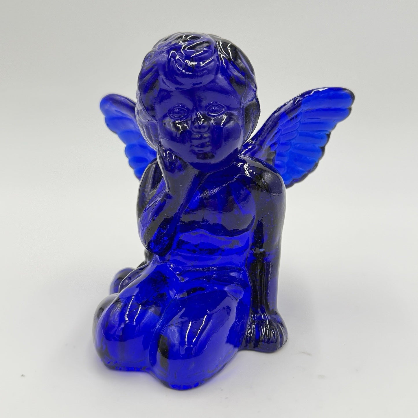 Vintage Art Glass Cherub Blue Cobalt Sitting Angel Candle Holder 5”