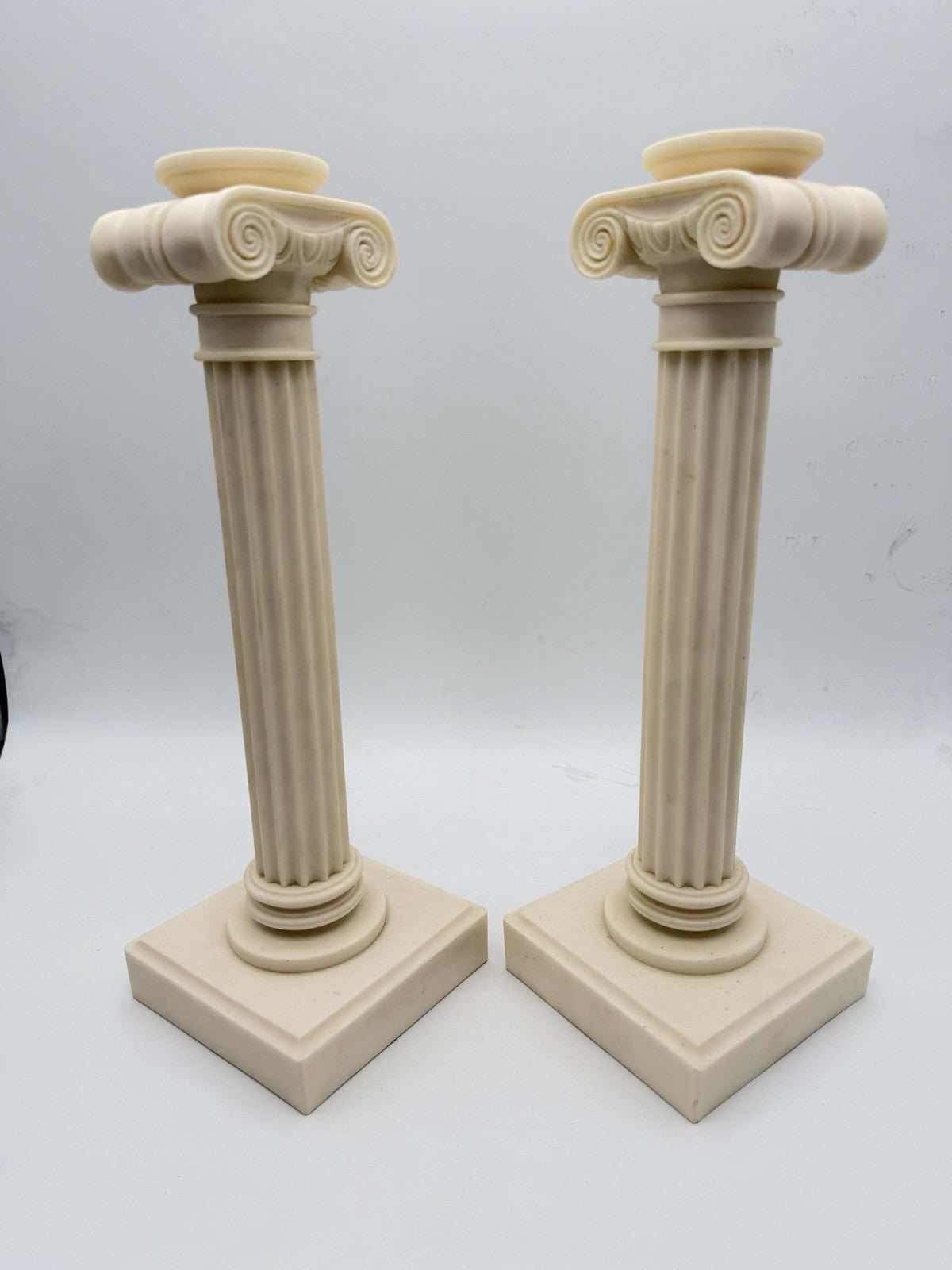 2 Alabaster Carved Roman Columns Corinthian  Sculpture Candle Holders 15.5”x5”