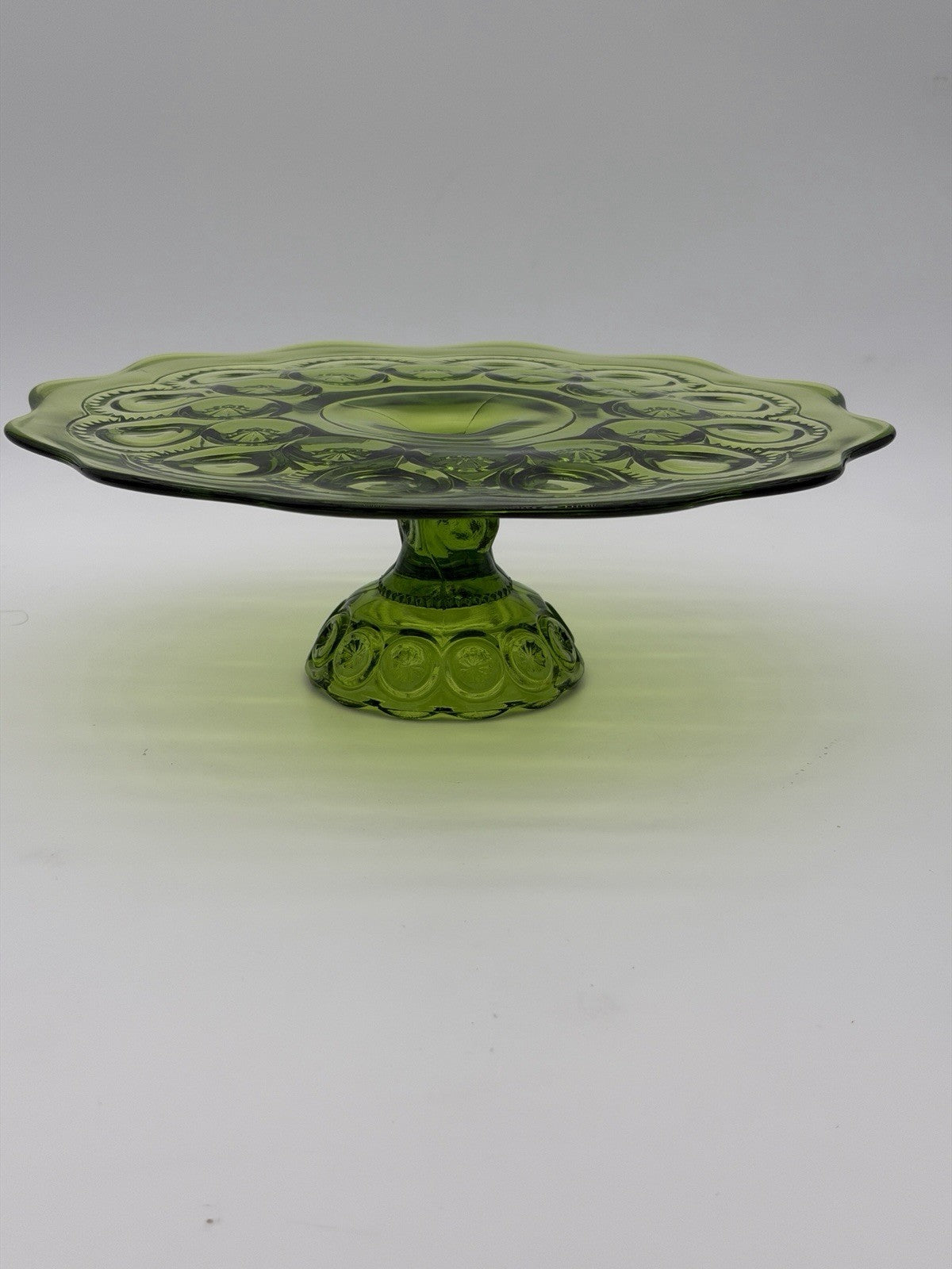 MCM LE Smith Moon & Star Cake Stand Heritage Green Art Glass Pastry Plate 11”