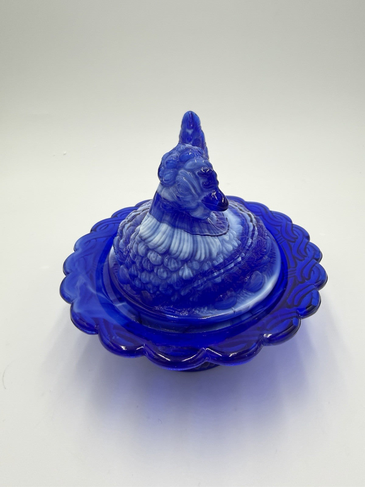 Mosser Art Glass Swirl Hen On Nest 6.5" Cobalt Blue & White Slag Covered Dish