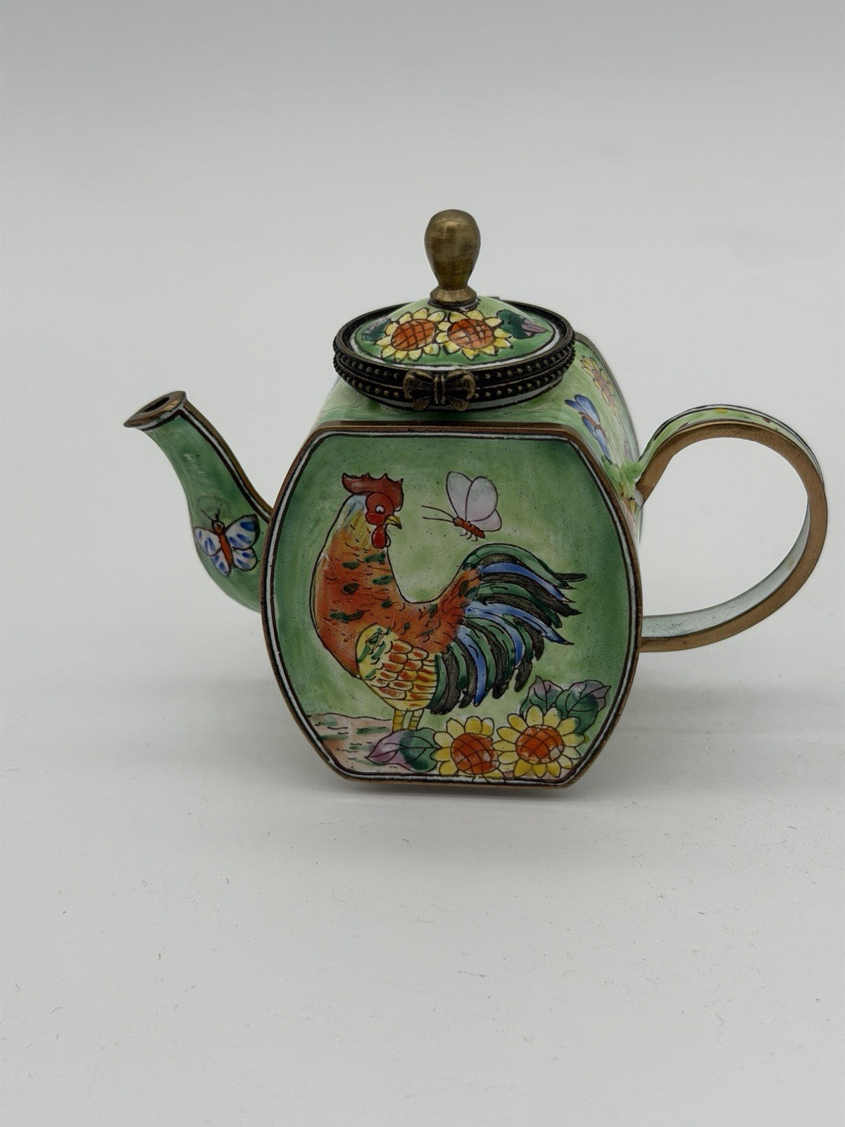 Kelvin Chen Enamel Teapot Trinket Box Rooster Butterflies #2323 Miniature Vtg