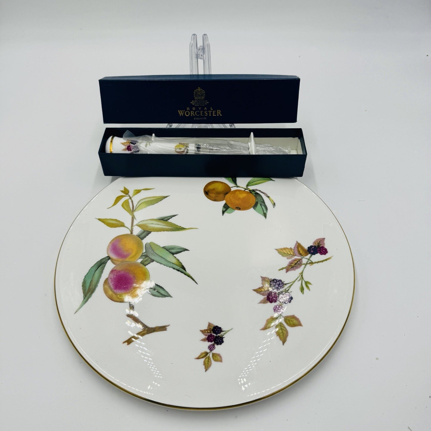 Royal Worcester Arden Fruit Porcelain cake plate & matching Cheese knife 1974