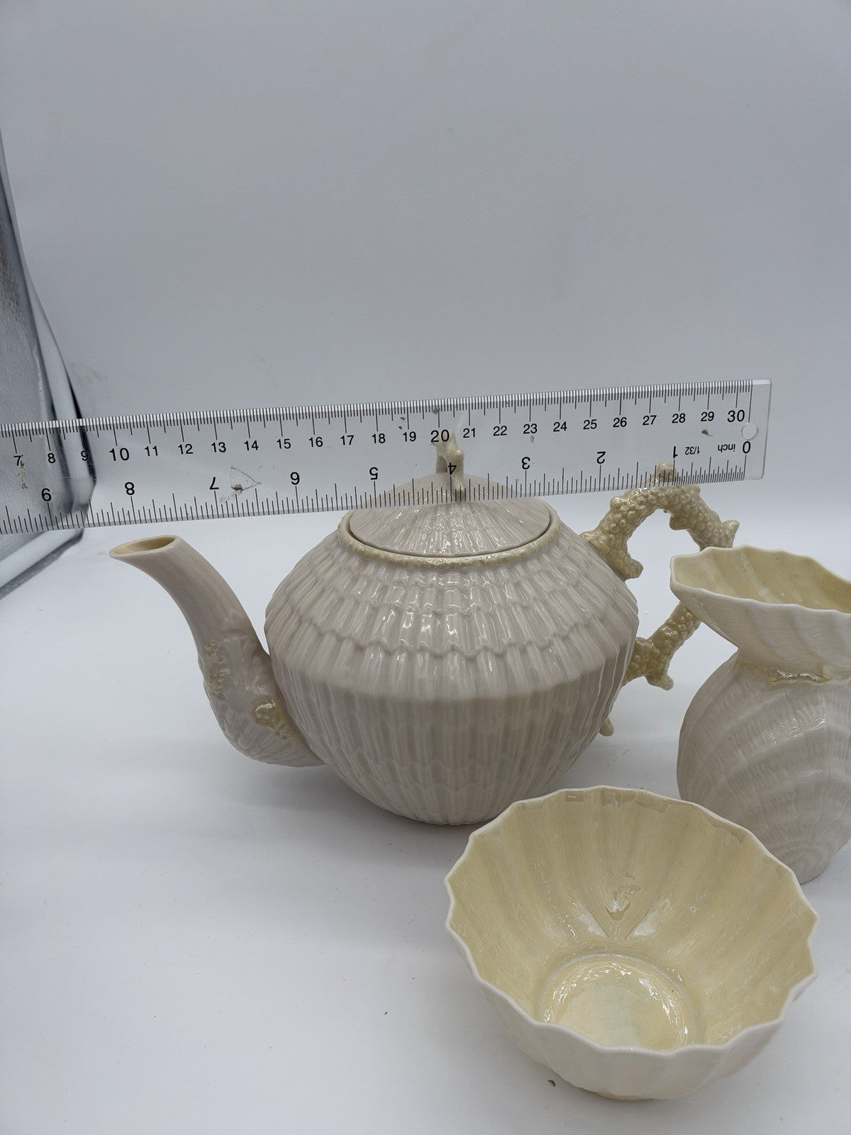 Belleek Ireland Limpet Shell Pattern Teapot Creamer &sugar Bowl 2nd Green Mark