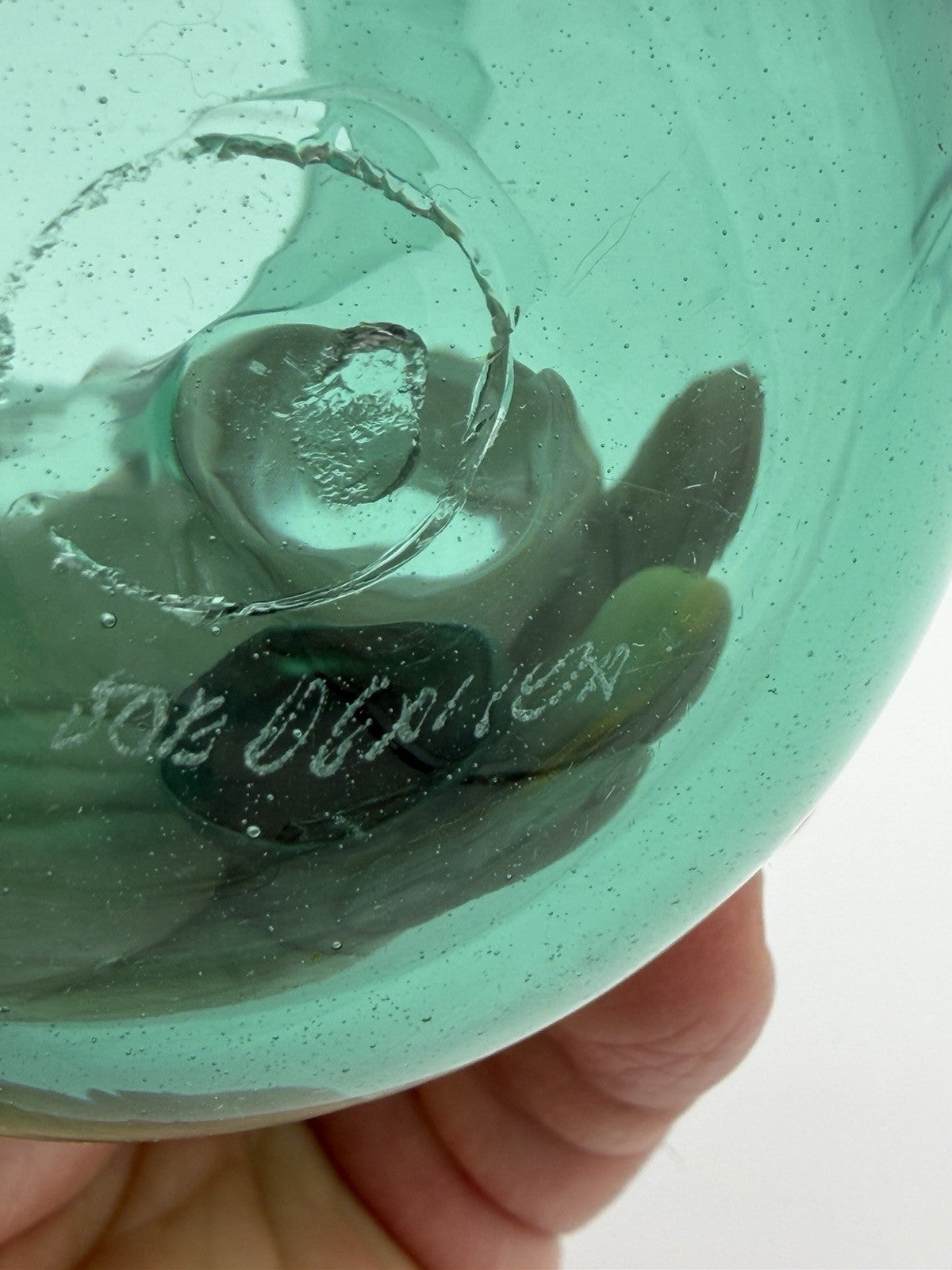 Vintage Joe Deanda Art Glass Pitcher Green Painted Pansies 4.5”H