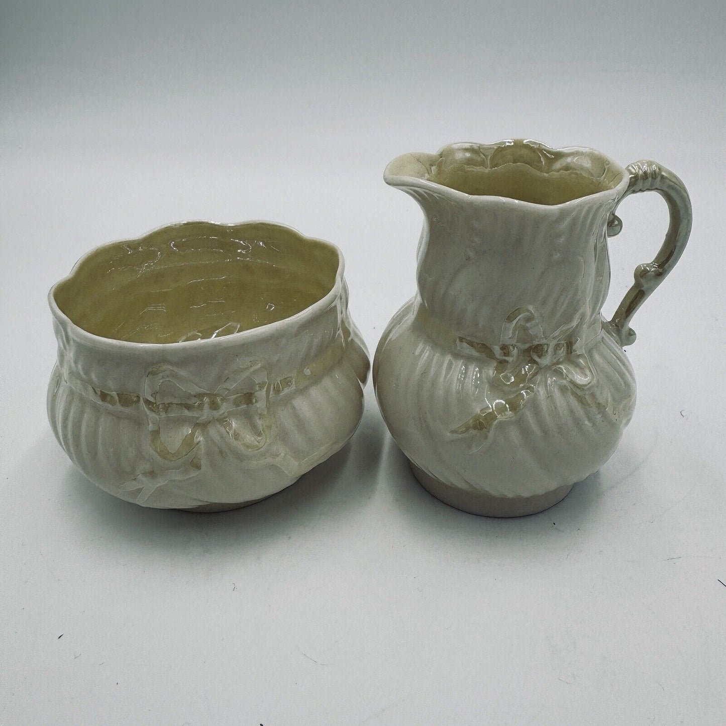 Belleek Yellow Ribbon Lustre Open Sugar & Creamer circa 1965 6th Green Porcelain