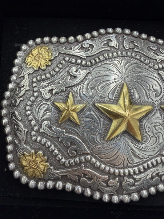 Cody James Silver & Gold Tone Belt Buckle 3 Star Rodeo Belt Buckle NIB