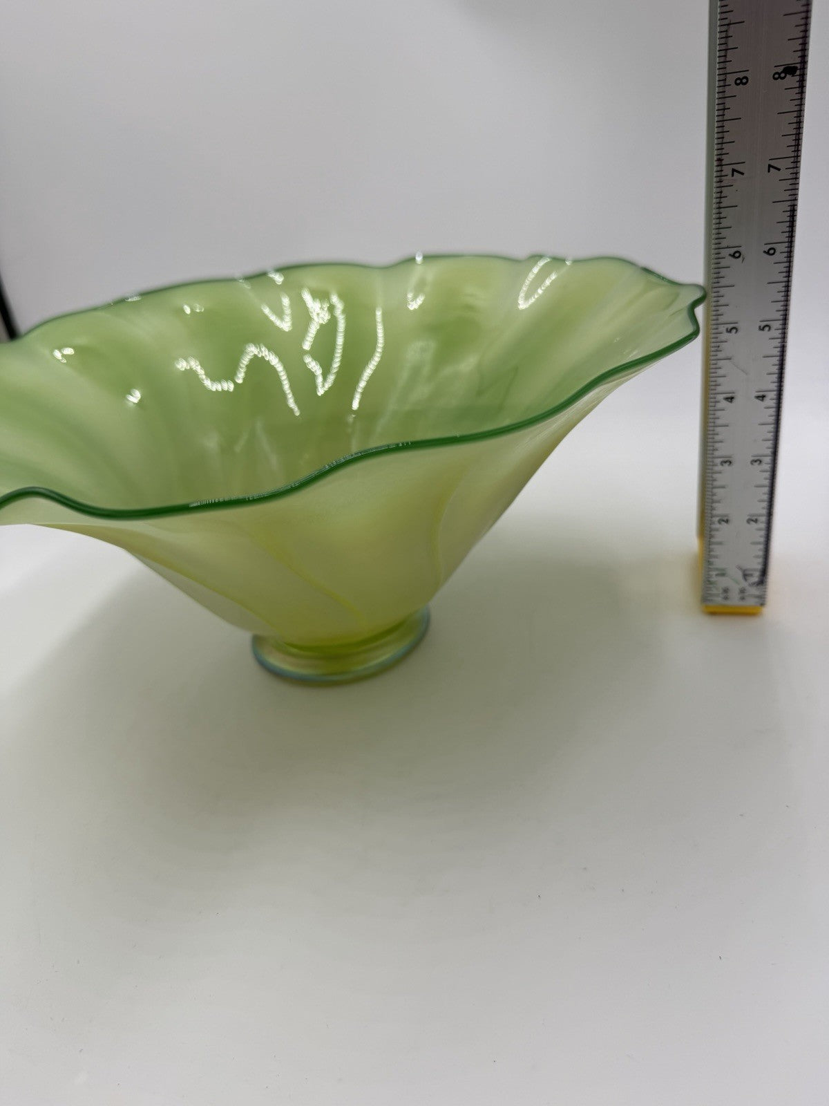 Rick Strini Art Glass Signed Green Lime Iridescent Swirl Bowl 2001 5.5”Hx12”W