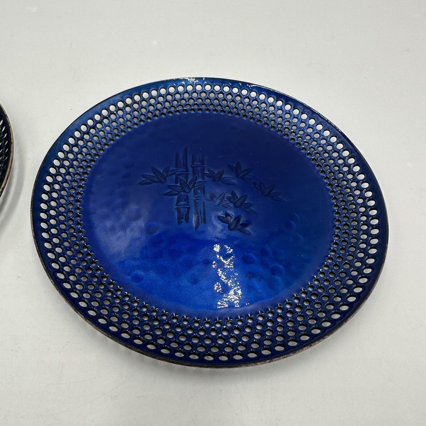 Ando Cloisonné 2 Plates Cobalt Blue Enamel Open Work Rims Japan Small Vintage