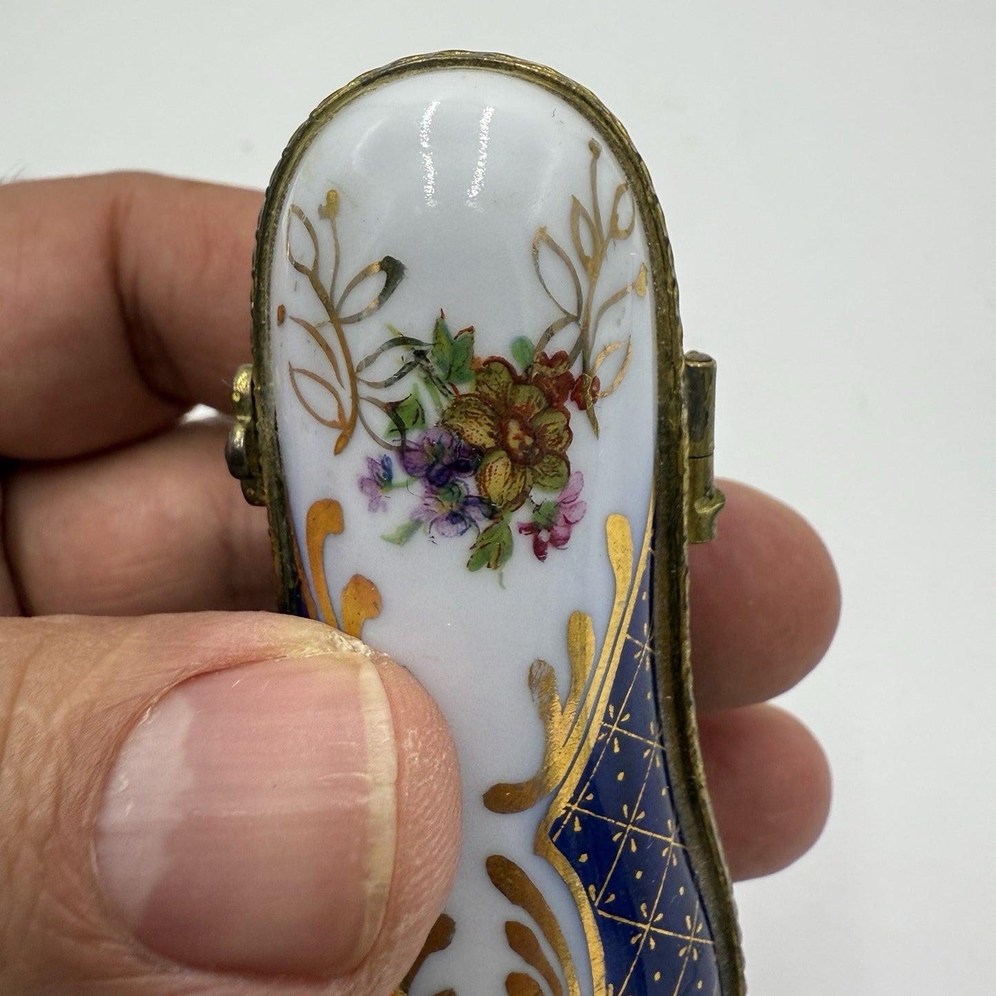 Museum Of Jewelry Porcelain Cobalt Floral Miniature Violin Case Trinket Box