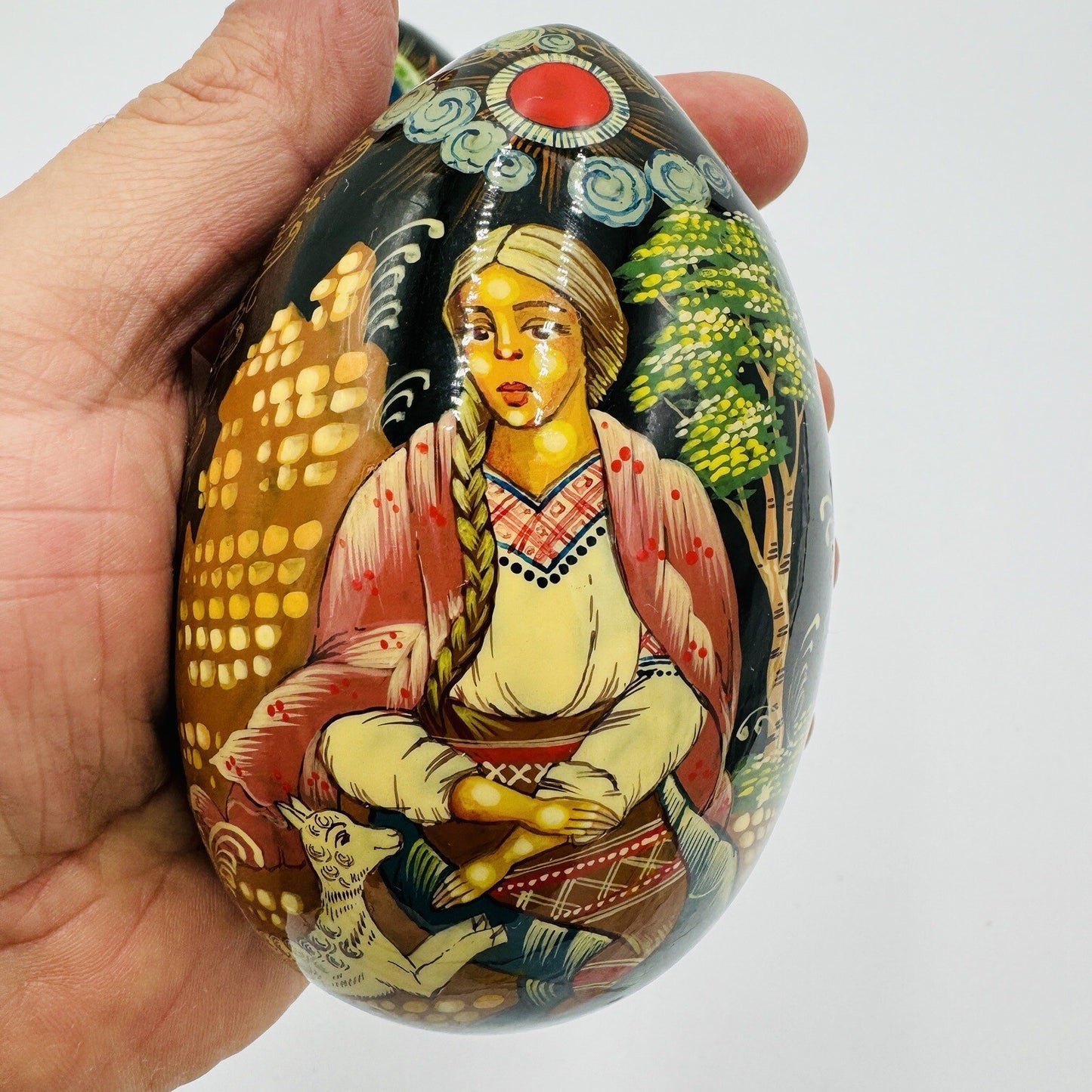 Mockba Hand Painted Easter Egg Wooden Folk Art 4.5in Signed Vintage