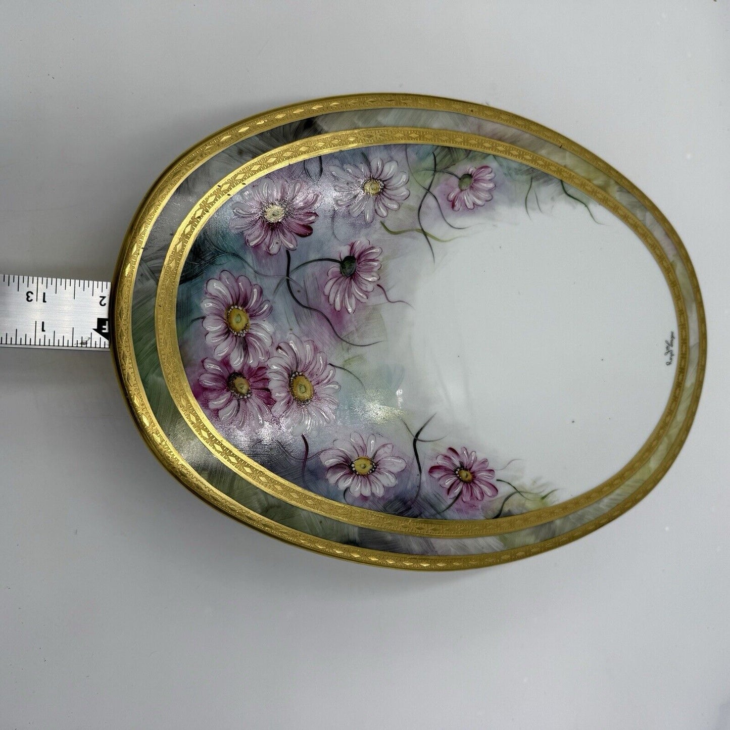 Royal Limoges France Painted Oval Floral Plaque Pink Gold Rim 12”x9” Porcelain