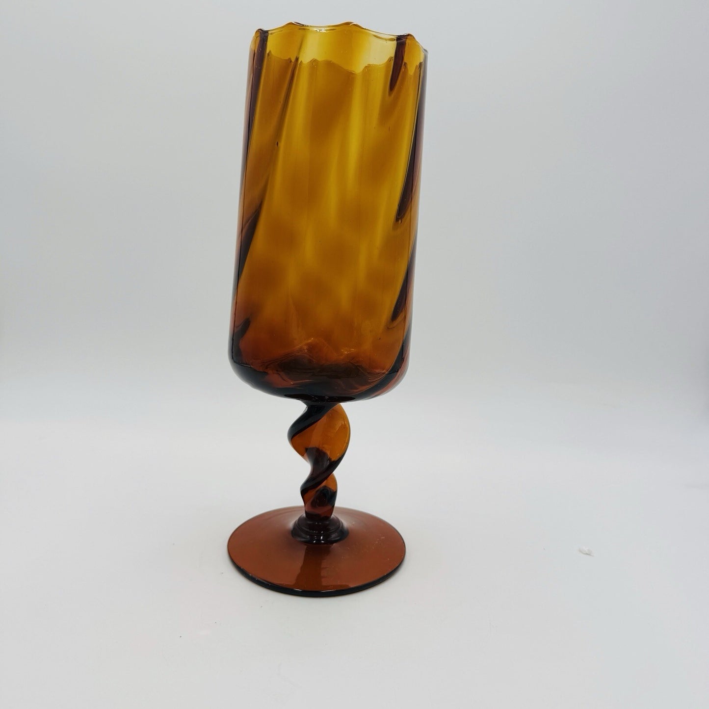 MCM Empoli Art Glass Italy Amber Optic Footed Twisted  Swirl Stem Vase Compote