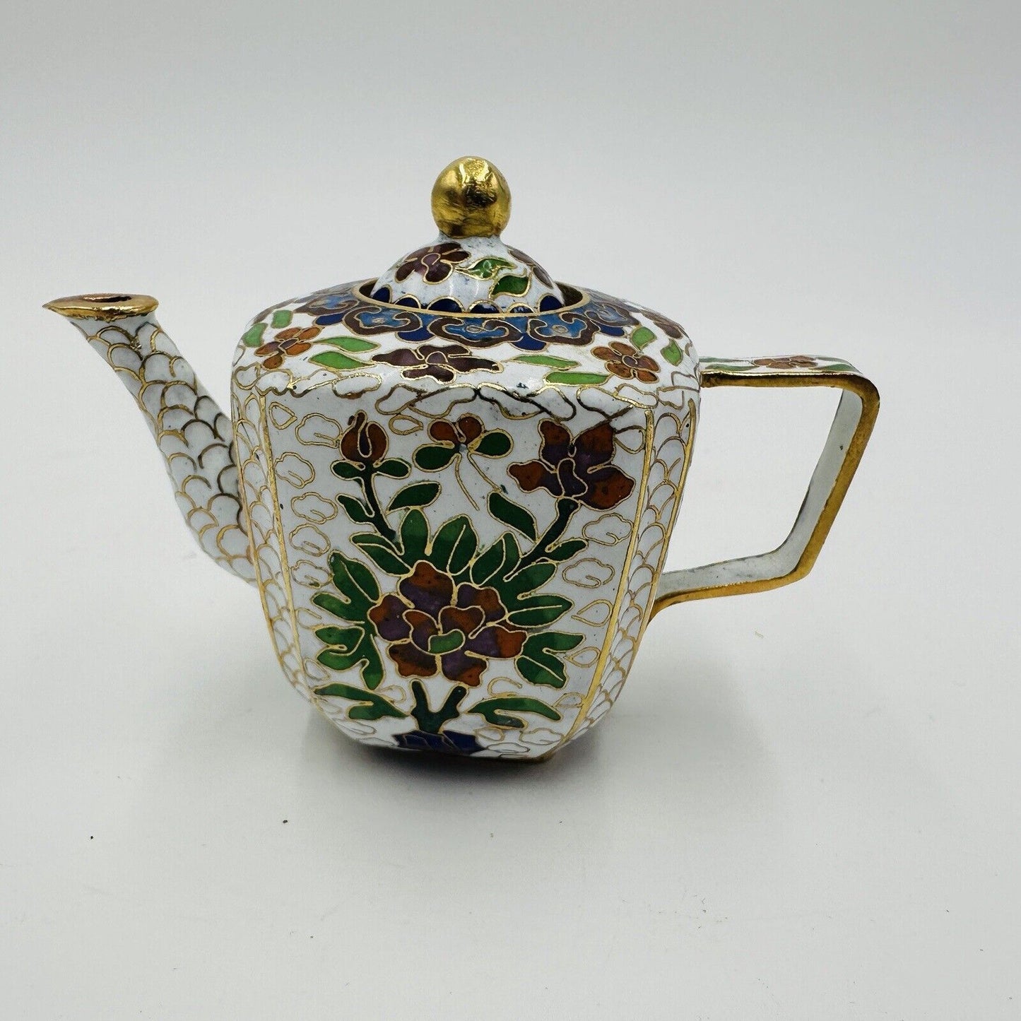 Cloisonné Teapot Miniature Chinese Flowers Floral 3in Detail Antique Home Decor