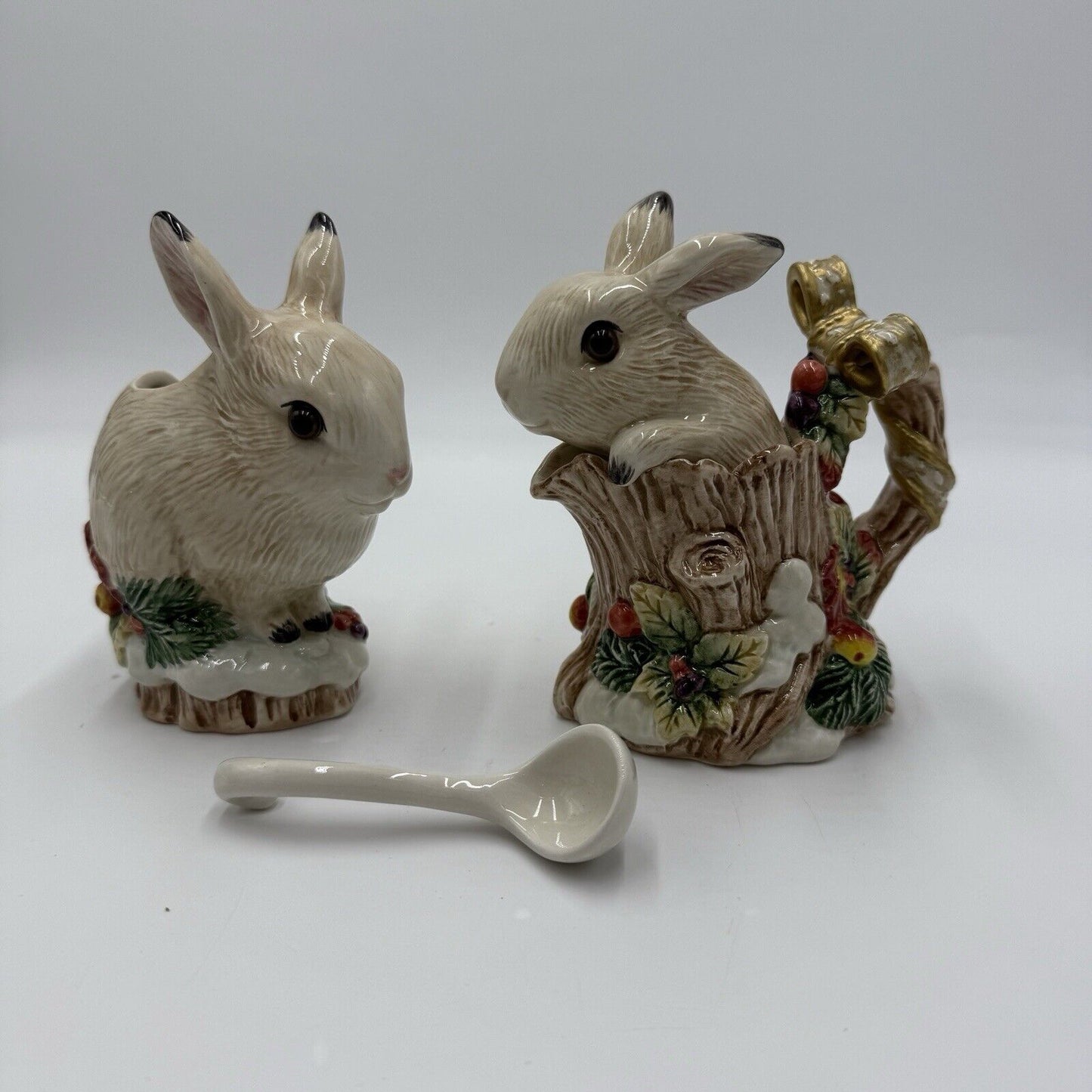 Fitz and Floyd Snowy Woods Bunny Rabbits Sugar Creamer Spoon Set Easter 1996