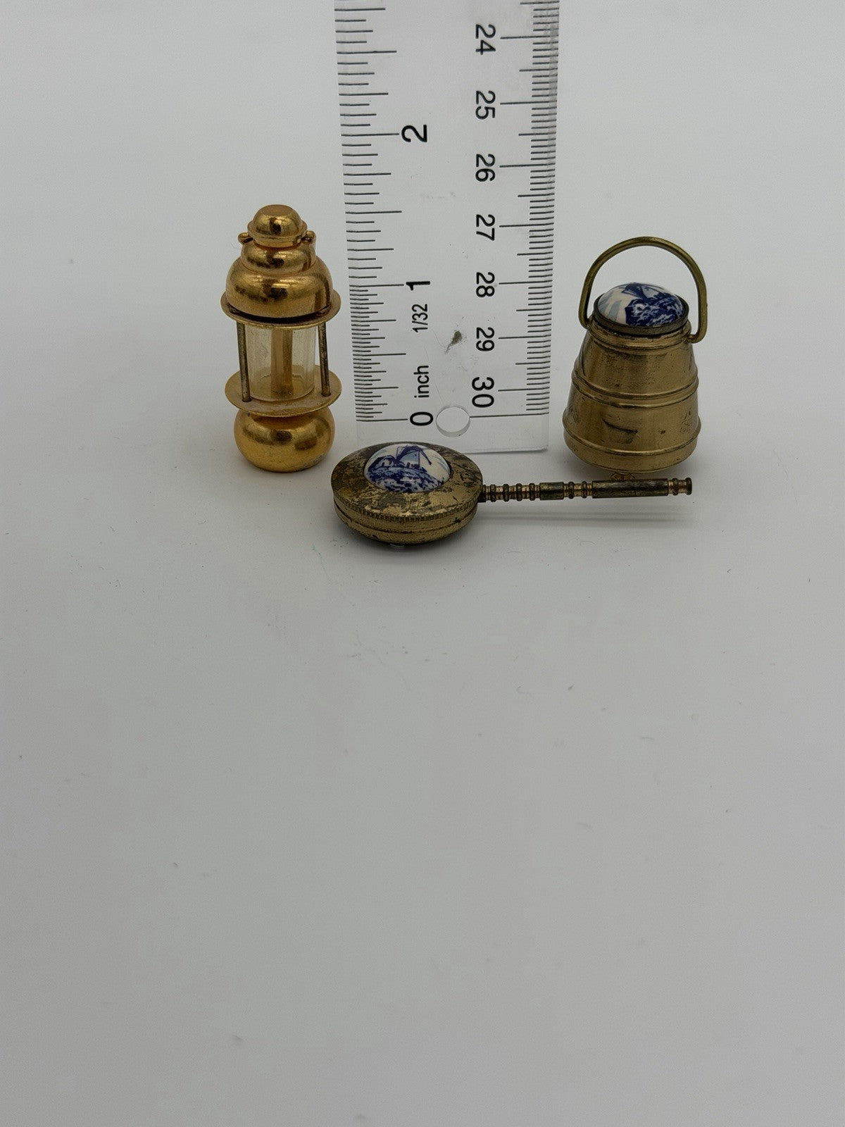 Vintage Brass Dutch Miniatures Dollhouse Holland Enamel Blue Delft 3 Pcs