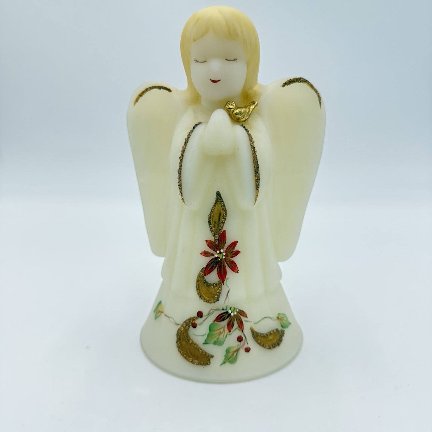 Fenton Art Glass Opal Satin Poinsettia Angel Bell Gold Bird Accents Hand Painted