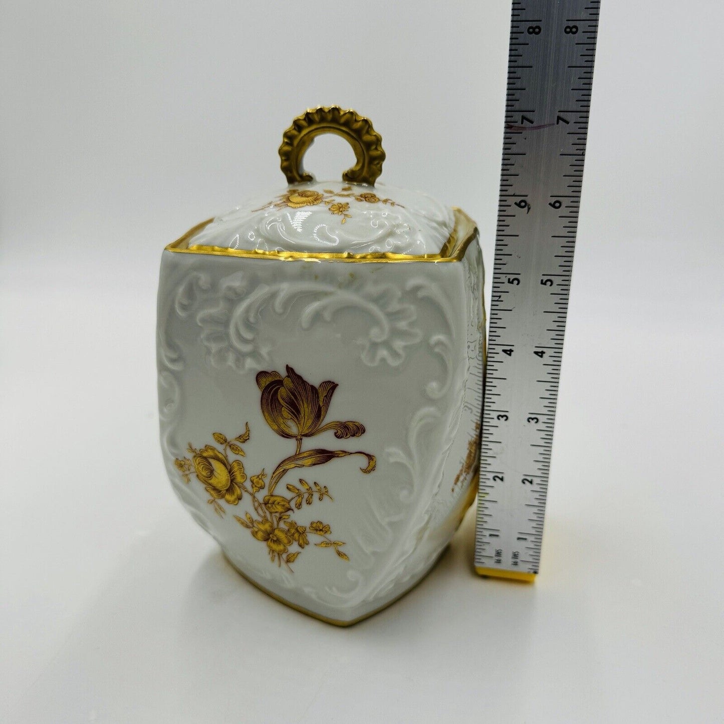 Rare Limoges France Porcelain Floral Gold Painted Biscuit Jar Lidded 7”twisted