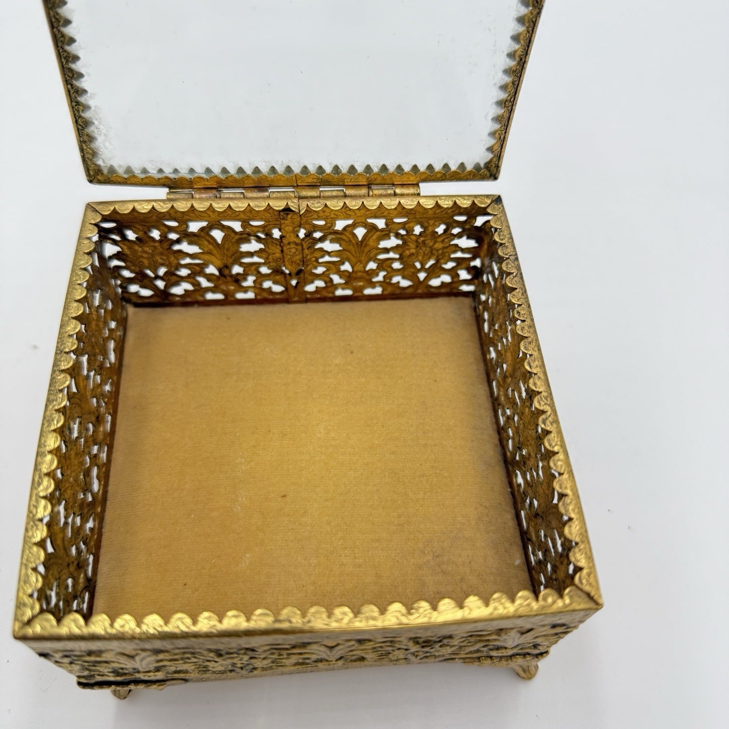 Ormolu gold filigree jewelry casket with beveled glass Hollywood Regency Box
