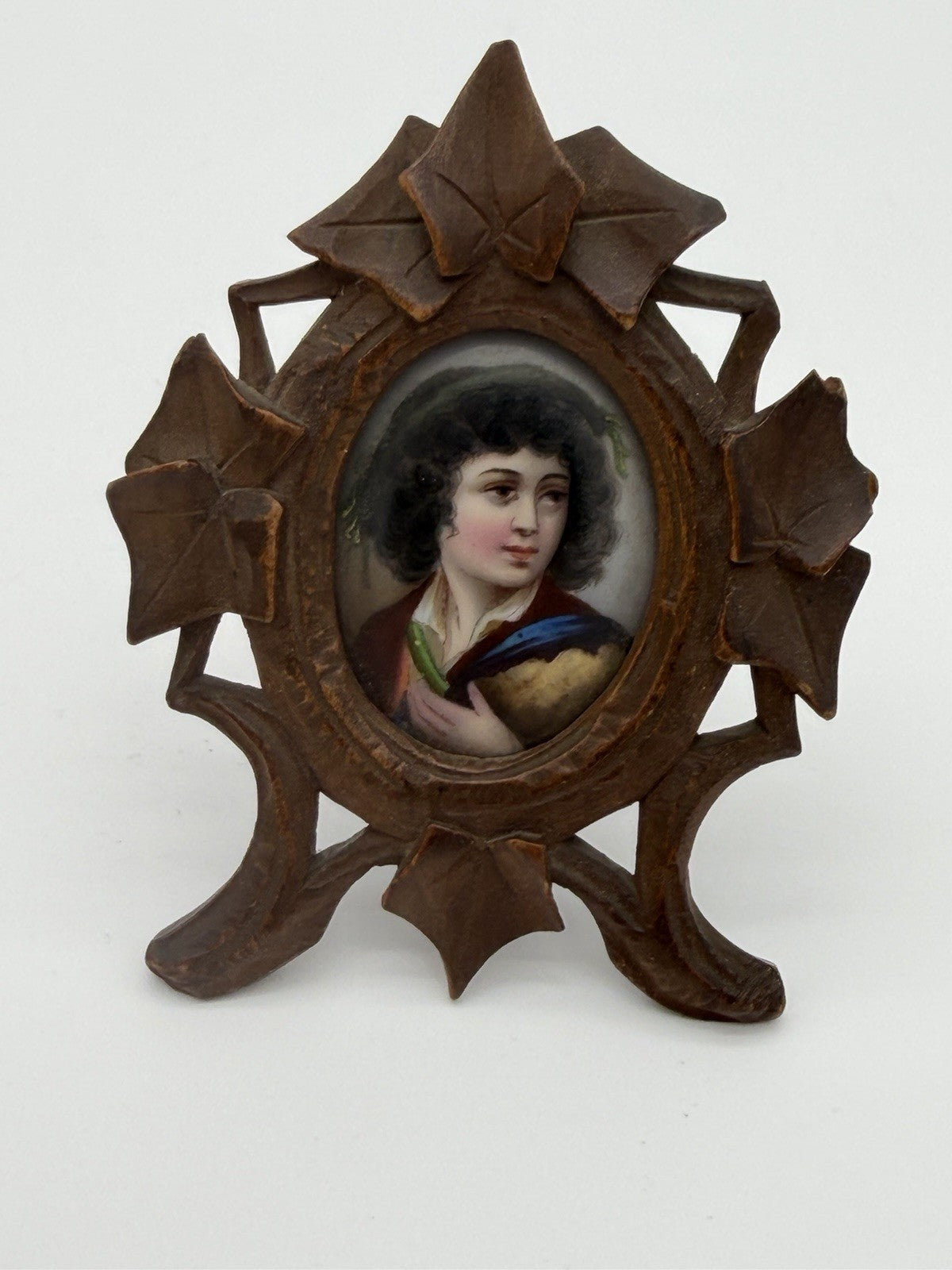 Antique Black Forest Carved Frame Painted Porcelain Young Portrait Miniature 3”H