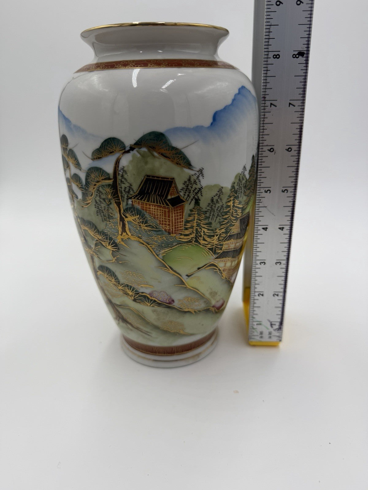 Antique Japanese Porcelain Satsuma vase Meiji period pagoda mountain 8.5”H