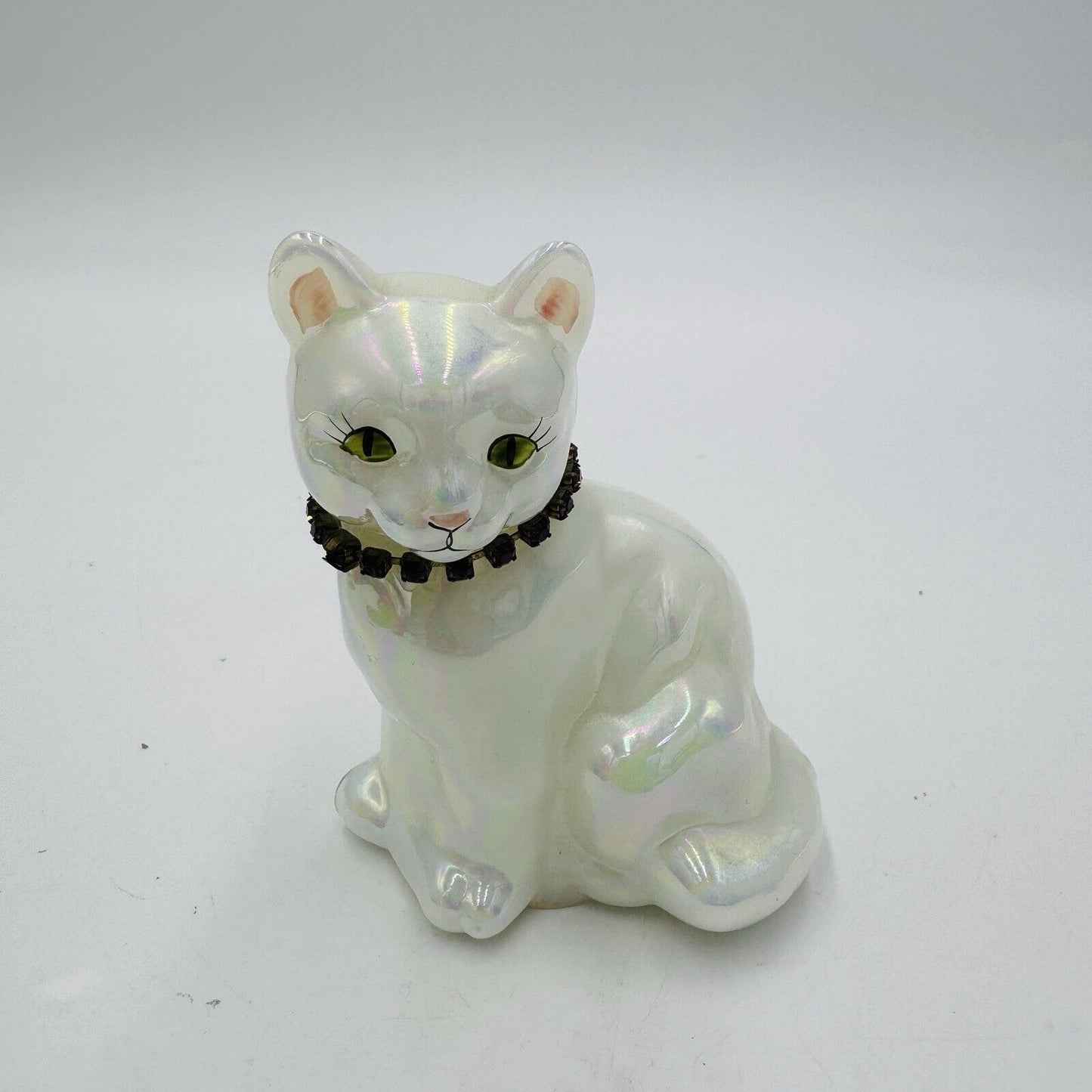 Vintage Fenton Art Glass Birthday Cat Iridescent  Figurine Signed