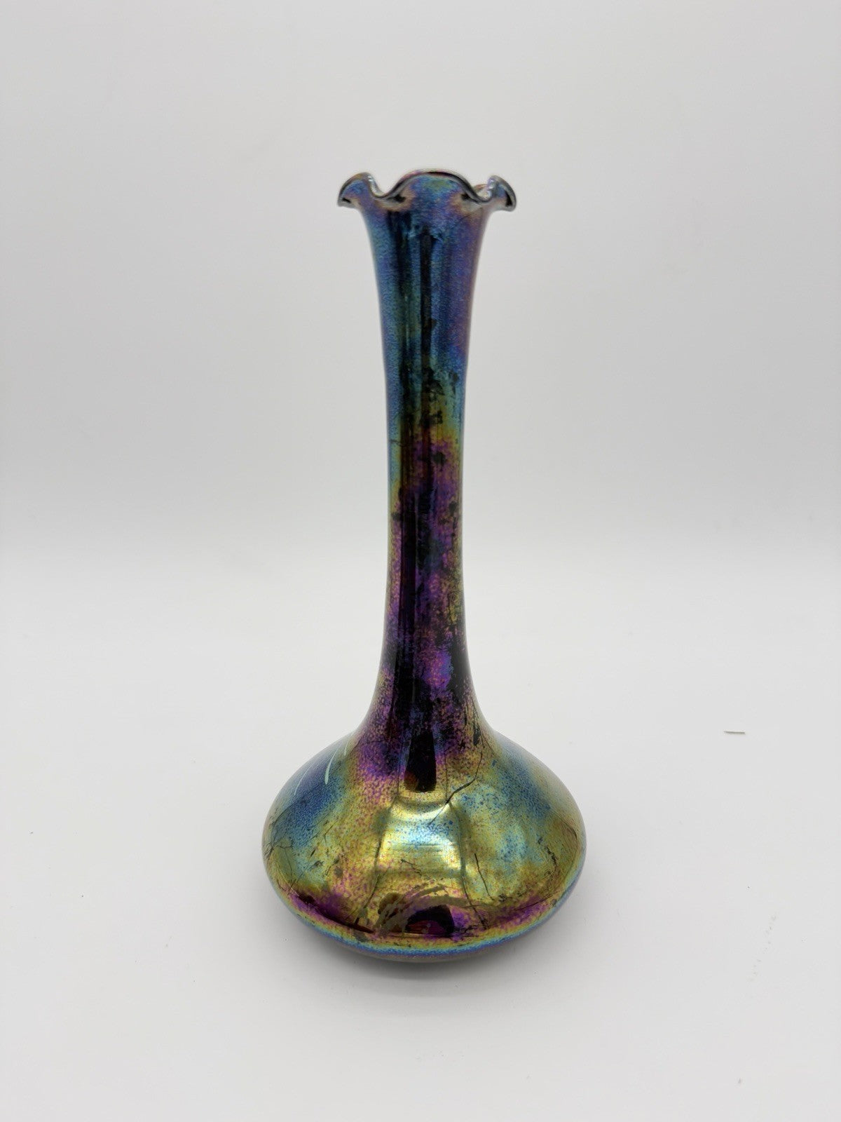Vintage Art Nouveau Iridescent Art Glass Painted Rose Signed Vase 9”H