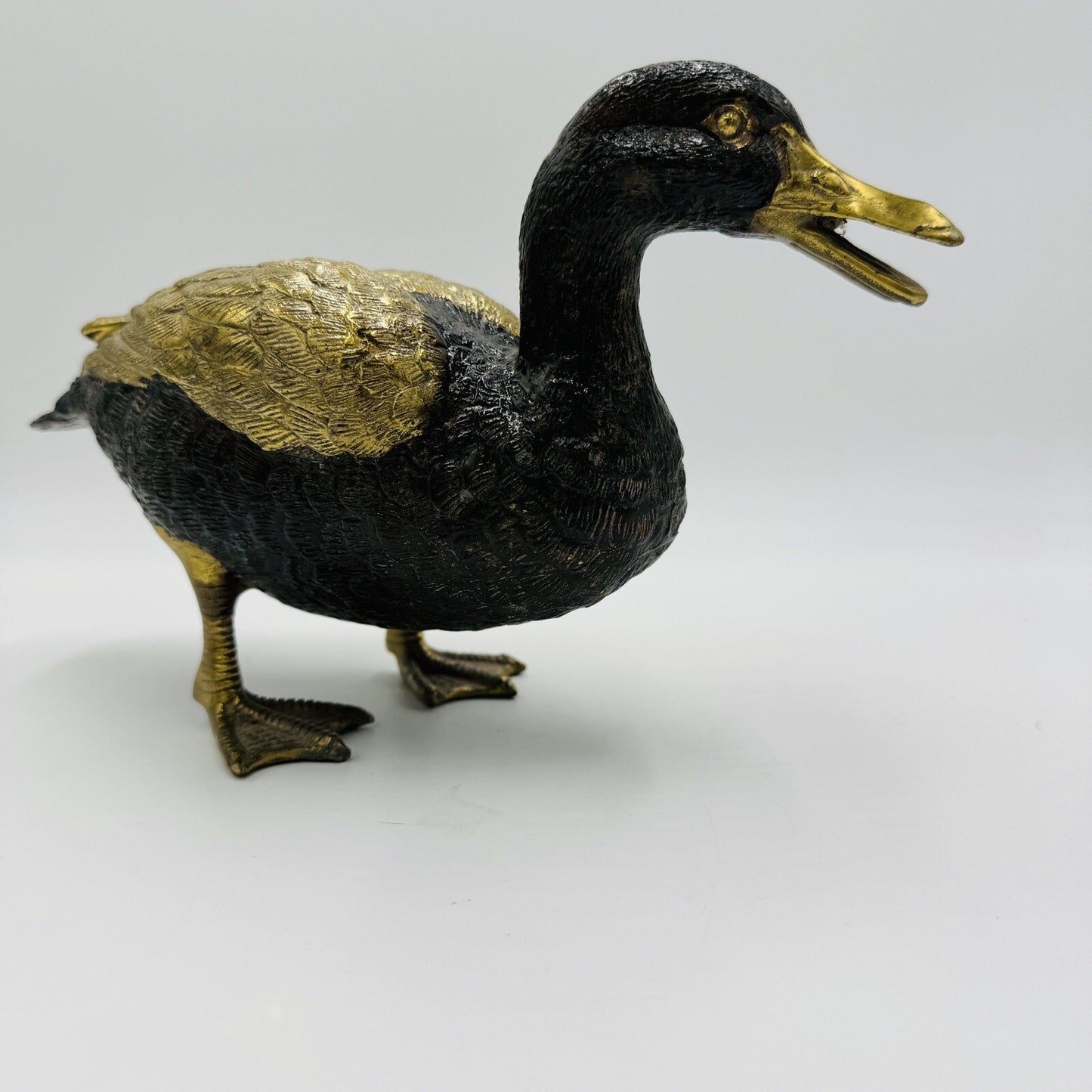 MCM Solid Brass Duck Mallard Sculpture Detailed Vintage 6in H x 11in L Rare