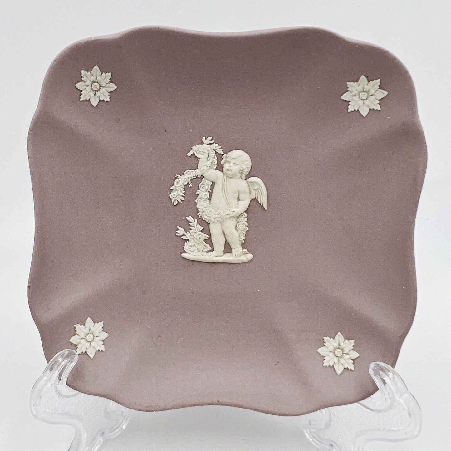 Wedgwood Dish Lilac and White Jasperware Fluted Square Four Seasons Cupid