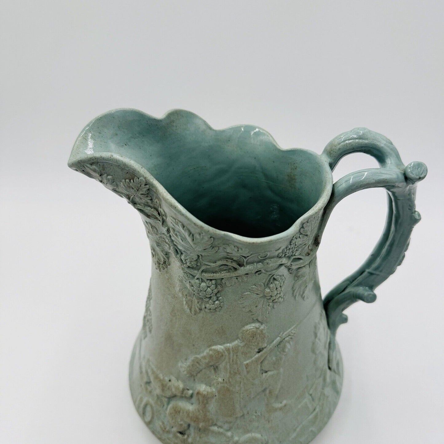 Parian Ware Relief Jug Pitcher Large Green Pottery Embossed Grapes Antique