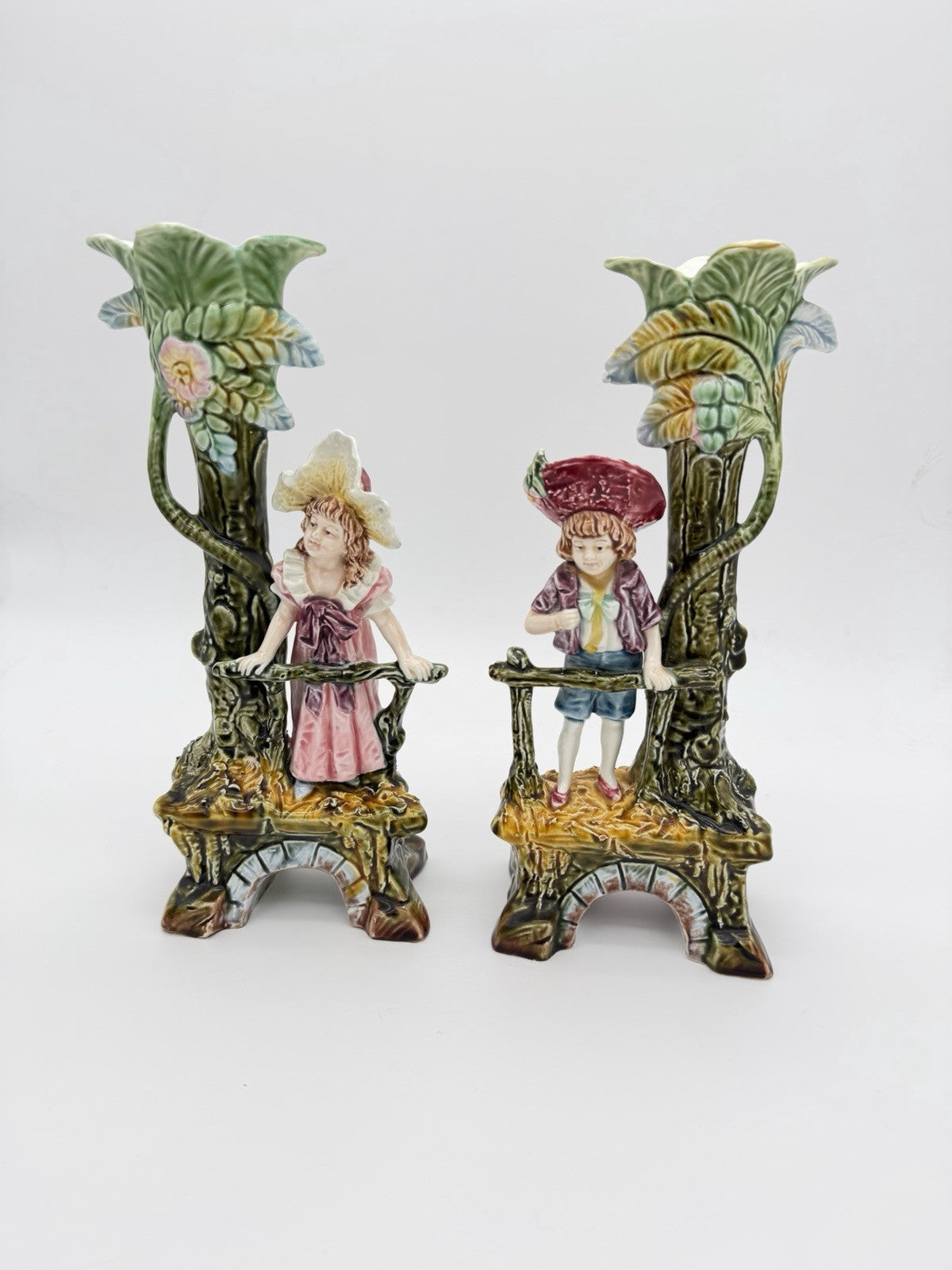 Antique Brothers Urbach Teplitz Bohemian Austrian Majolica Boy Girl Vase 11”