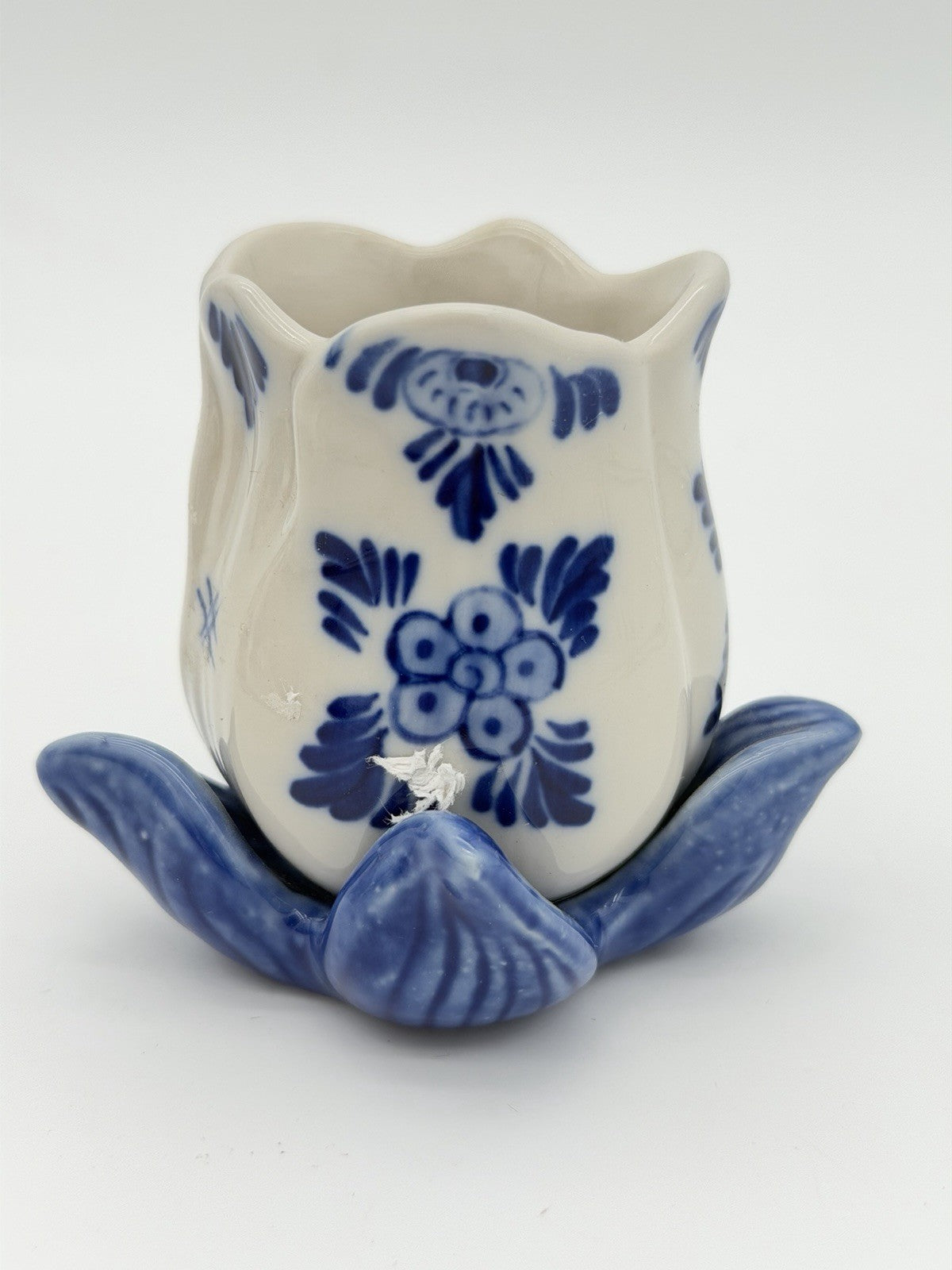 Delft Dutch White & Blue Art Pottery Tulip Flower Candle Stick