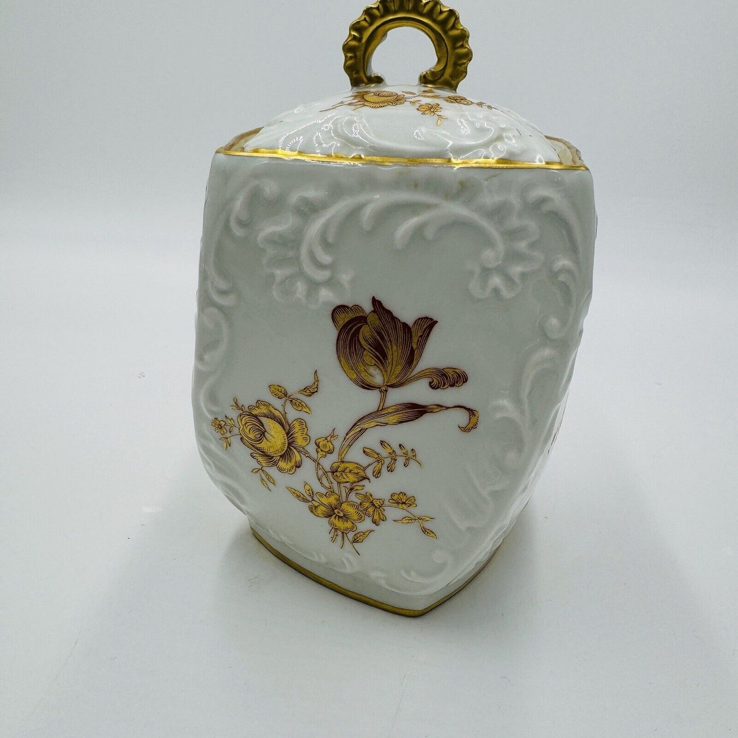 Rare Limoges France Porcelain Floral Gold Painted Biscuit Jar Lidded 7”twisted