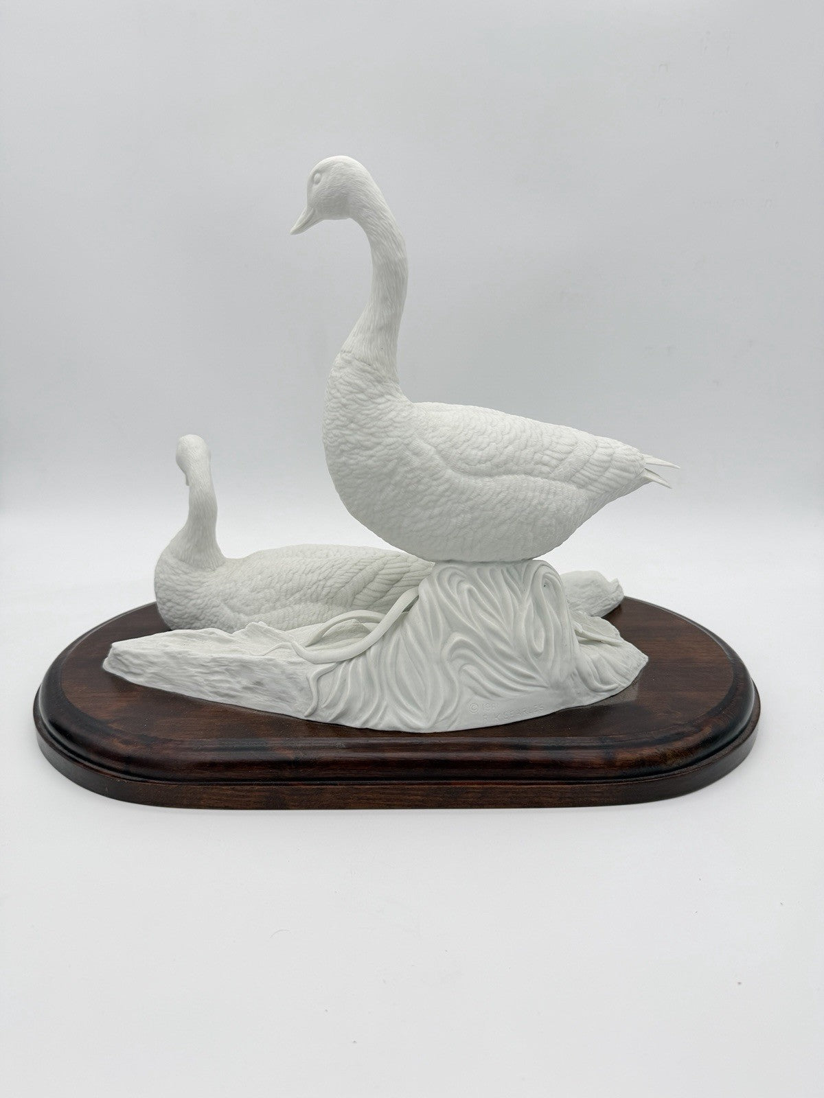 Robert E. Searles white bisque porcelain Canada Geese sculpture A New Dawn wood