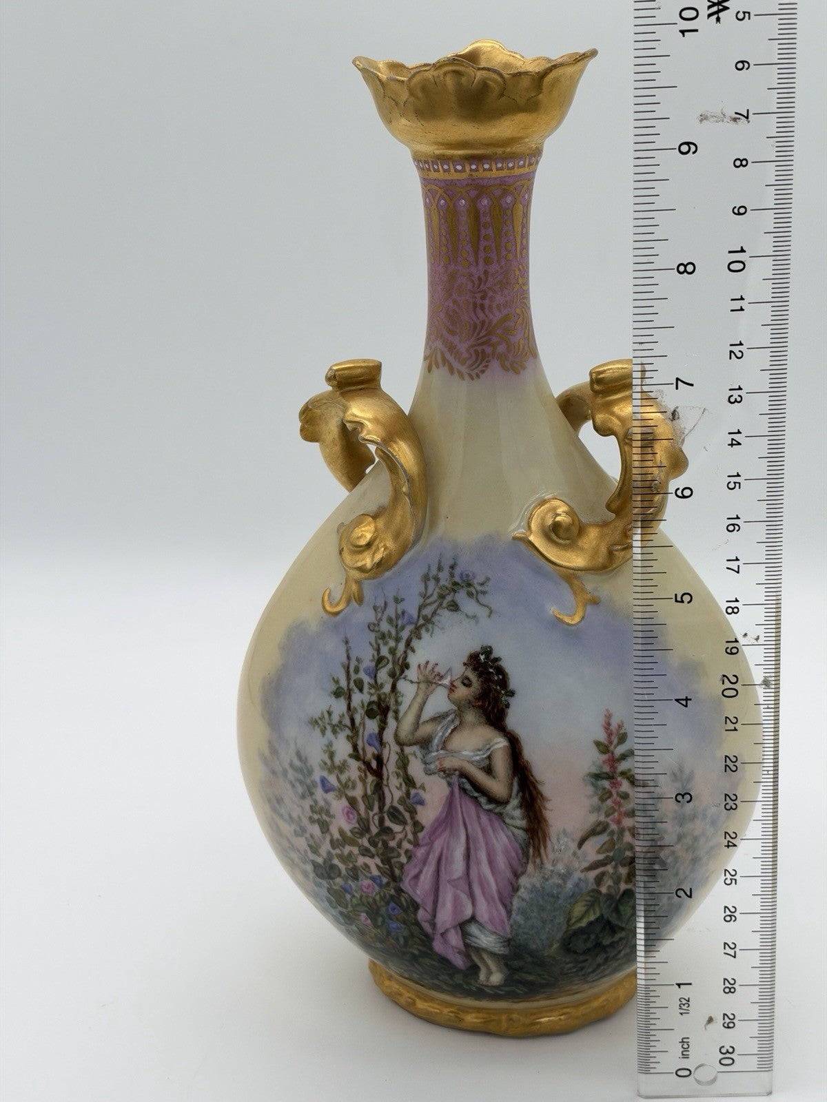 Antique Elite Limoges France Jean Pouyat C.1900 Porcelain 10” Handled Gold Vase