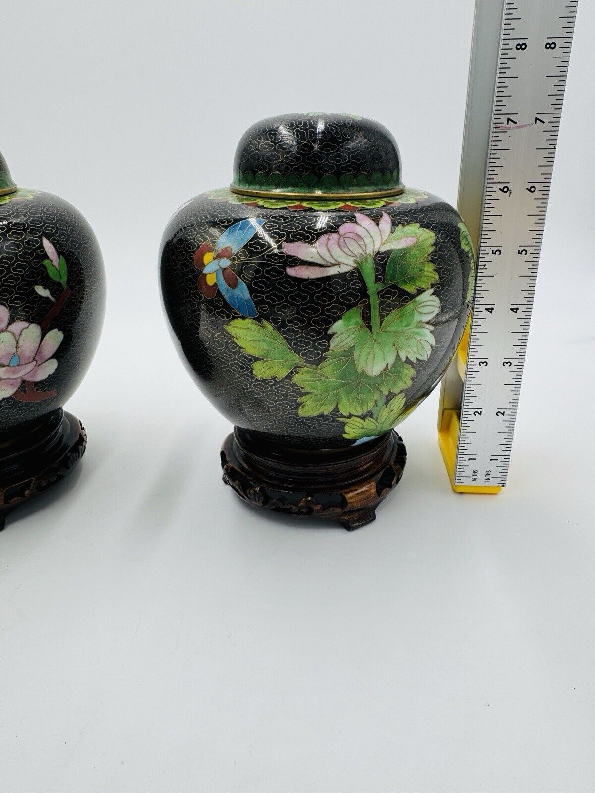 Vintage Cloisonne Brass Enameled Ginger Jar Floral Butterfly Inlay Design 7”