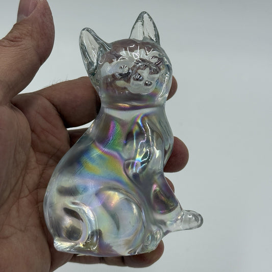 Fenton Carnival Glass IRIDESCENT clear CAT Sitting Kitten PAPERWEIGHT Figurine