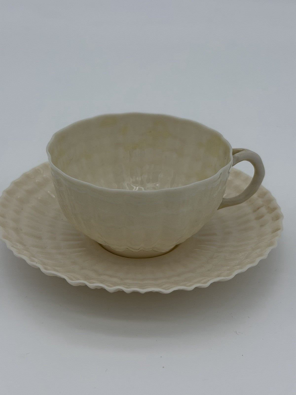 Belleek Ireland Porcelain Tridacna Shell Pattern Tea Cup & Saucer Set Vintage