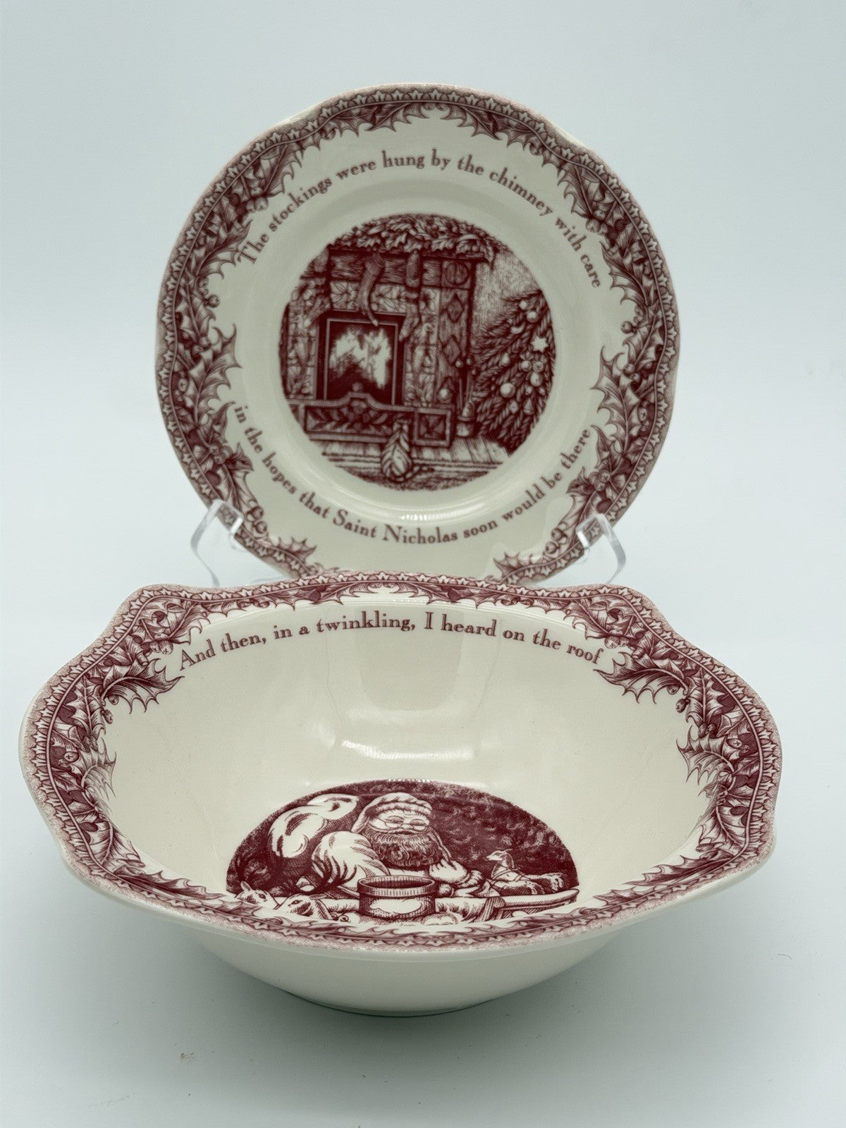 Johnson Brothers England Porcelain Twas The Night Dessert Plate & Bowl Set Red