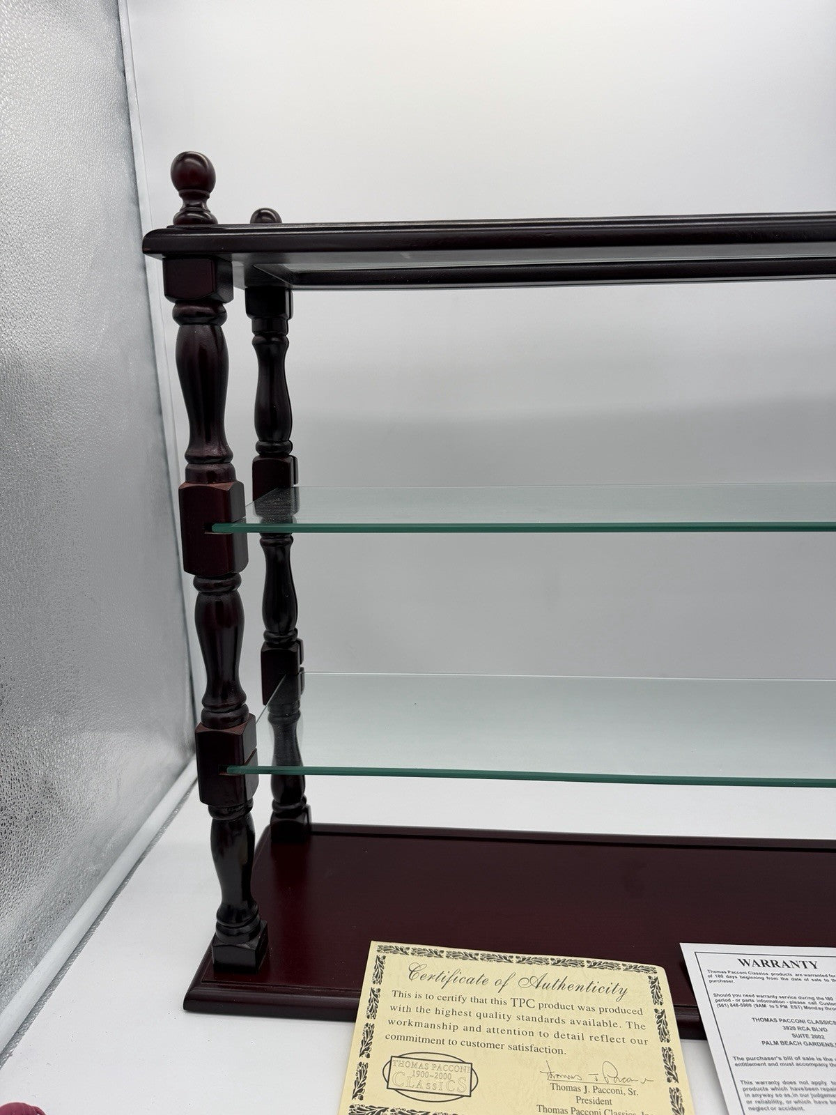 Vintage Thomas Pacconi Classics Wooden Mahogany Wall Shelf  Glass Display