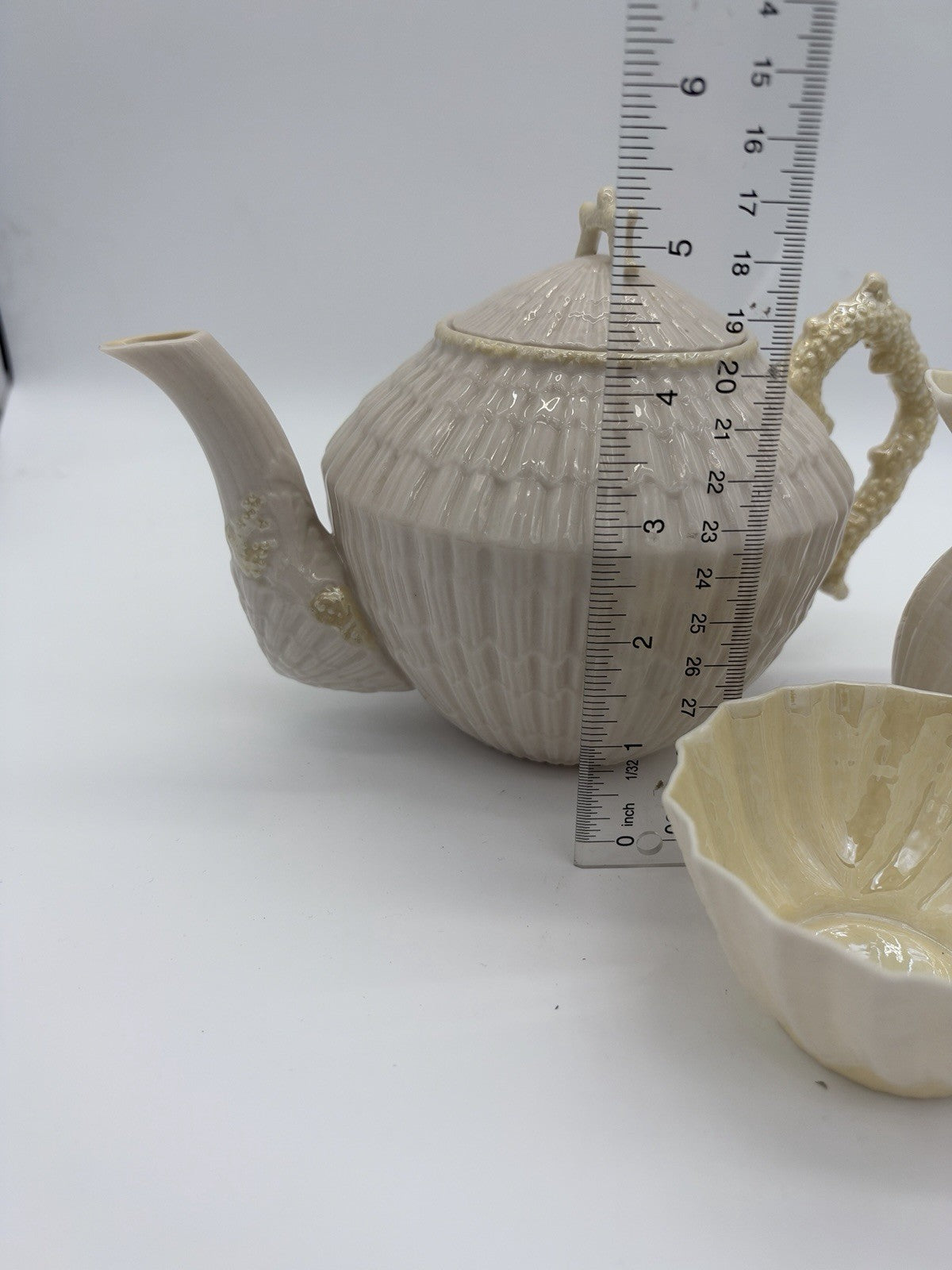 Belleek Ireland Limpet Shell Pattern Teapot Creamer &sugar Bowl 2nd Green Mark