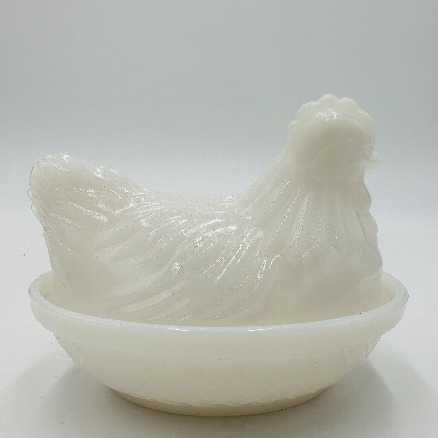 Chicken on Nest Candy Dish Hazel Atlas Platonite Milk Glass Hen 4 1/2" Lid White