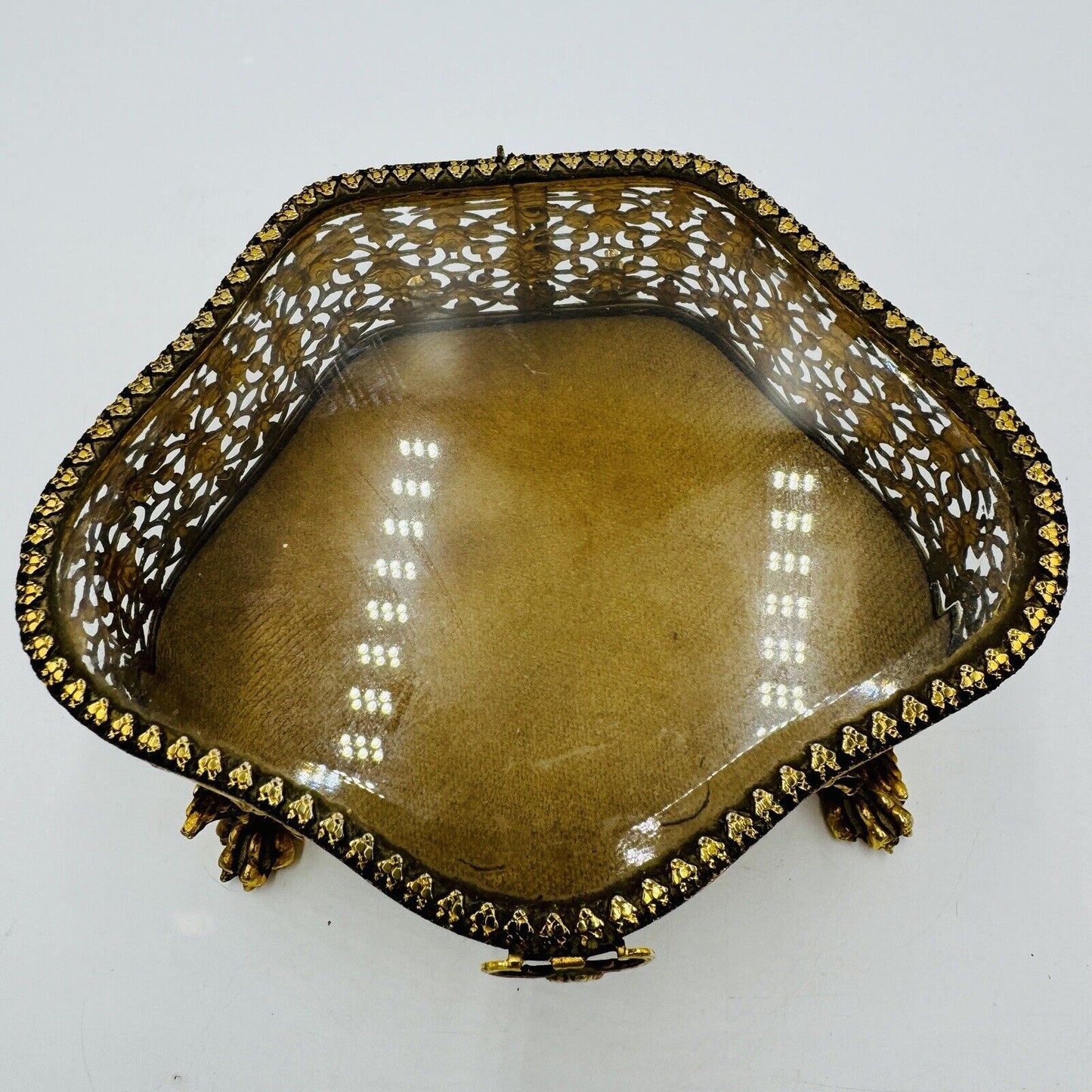 French Beveled Glass Gold Filigree Ormolu Jewelry Casket Box Claw Foot Vintage