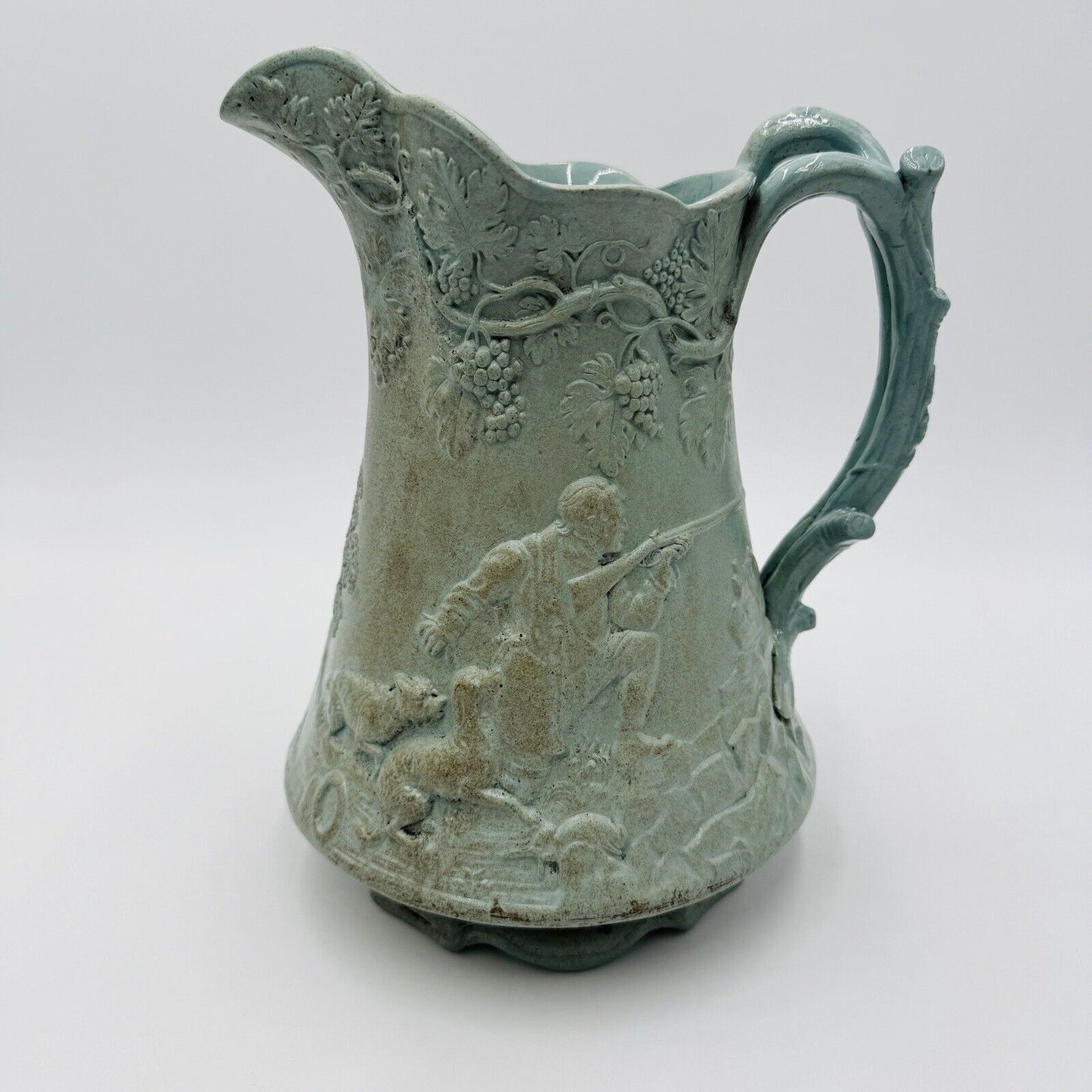 Parian Ware Relief Jug Pitcher Large Green Pottery Embossed Grapes Antique