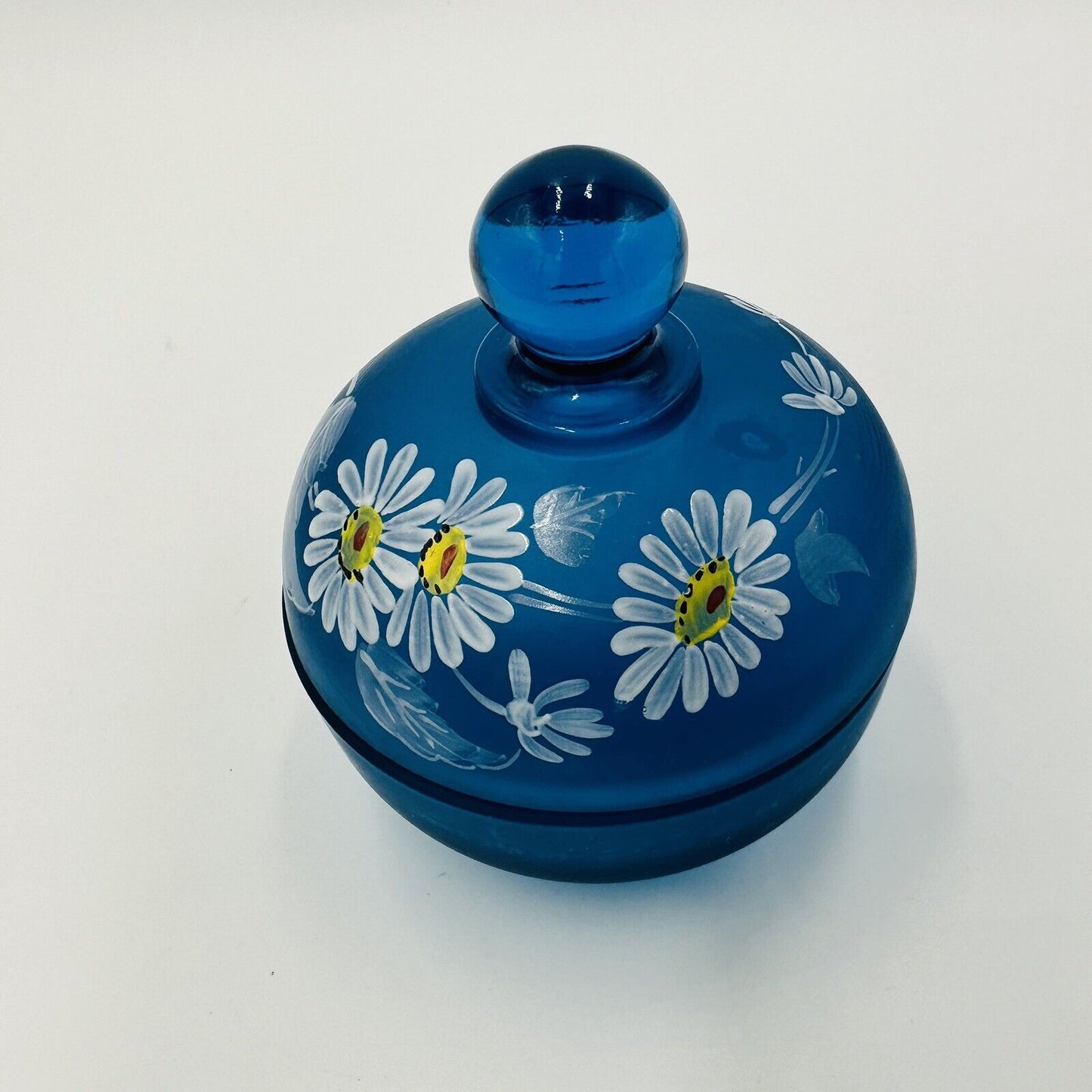 Westmoreland Vanity Dish Blue Satin Glass Lidded Trinket Hand Painted Daisies