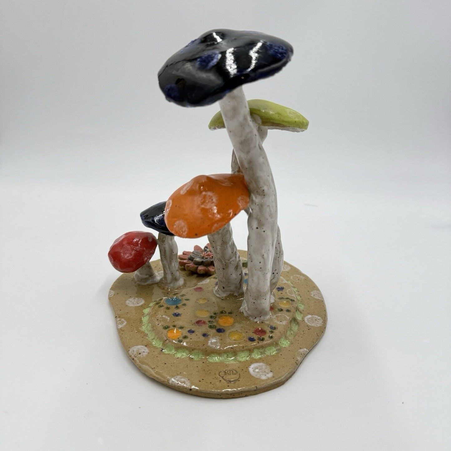 KD Signed Art Pottery Mushrooms Sculpture Studio Crafted Vintage Ceramic Painted