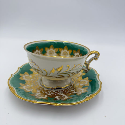 Antique Schwarzenhammer Bavaria Porcelain  Gold Trim tea cup & saucer Green