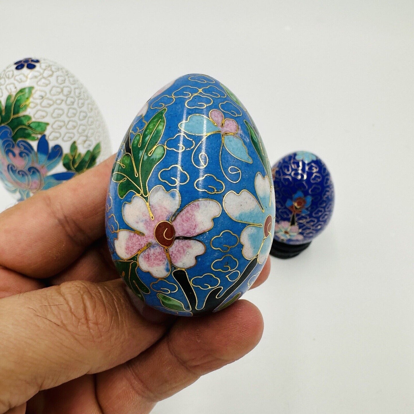 Cloisonné Chinese Easter Eggs Enamel Floral Butterfly Set Set of 3 Vintage