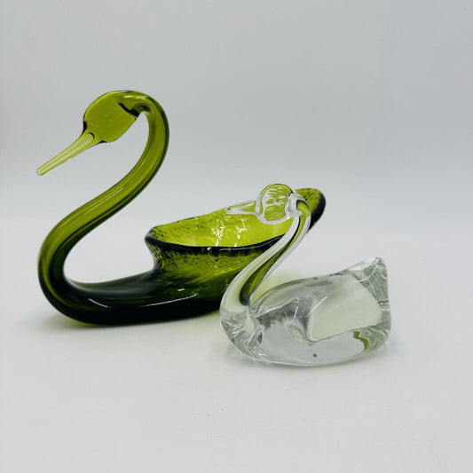 Viking Swan Pair Figurines Art Glass Green Avocado Clear Vintage Home Decor